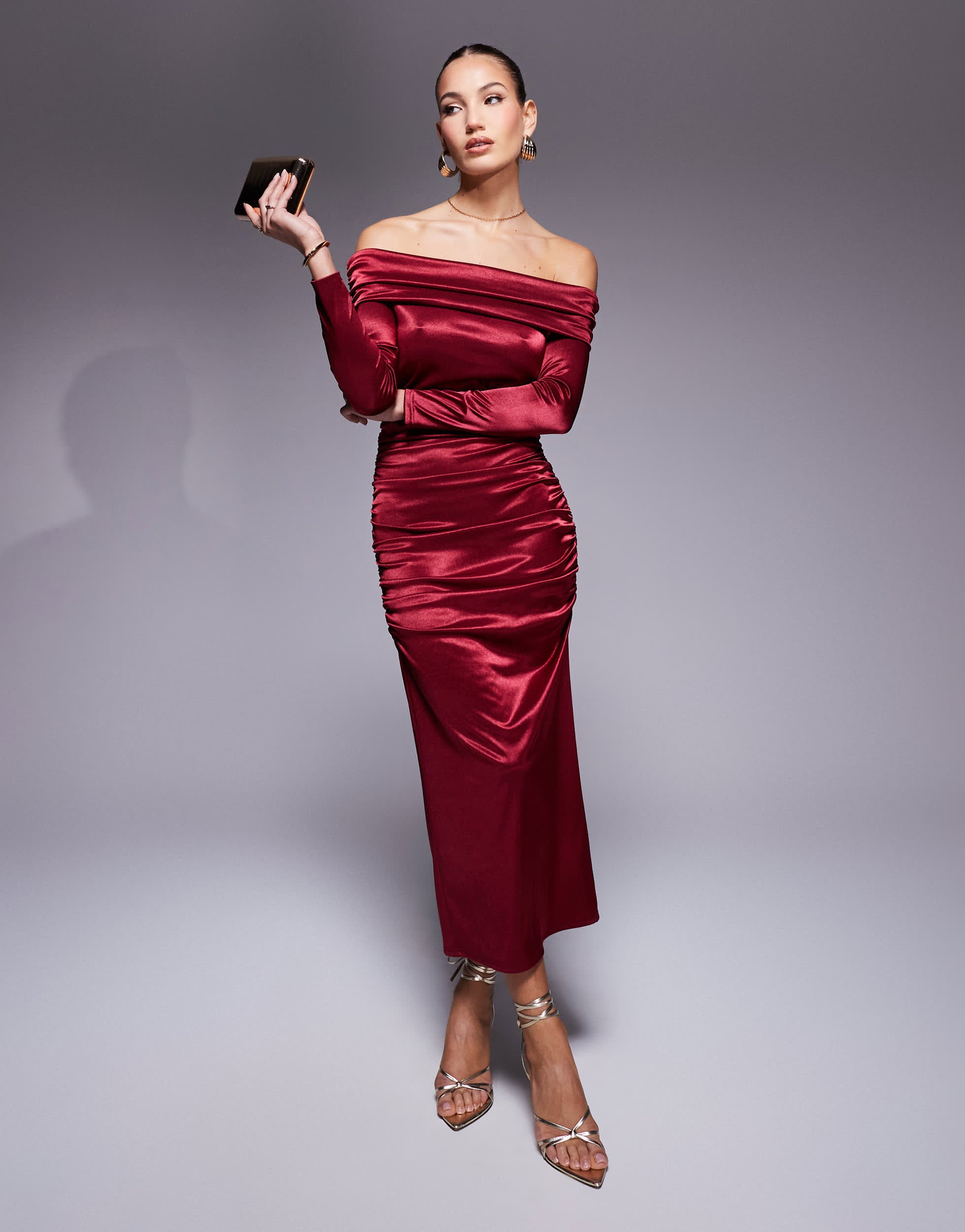 True Violet bardot long sleeve ruched satin midi dress in wine