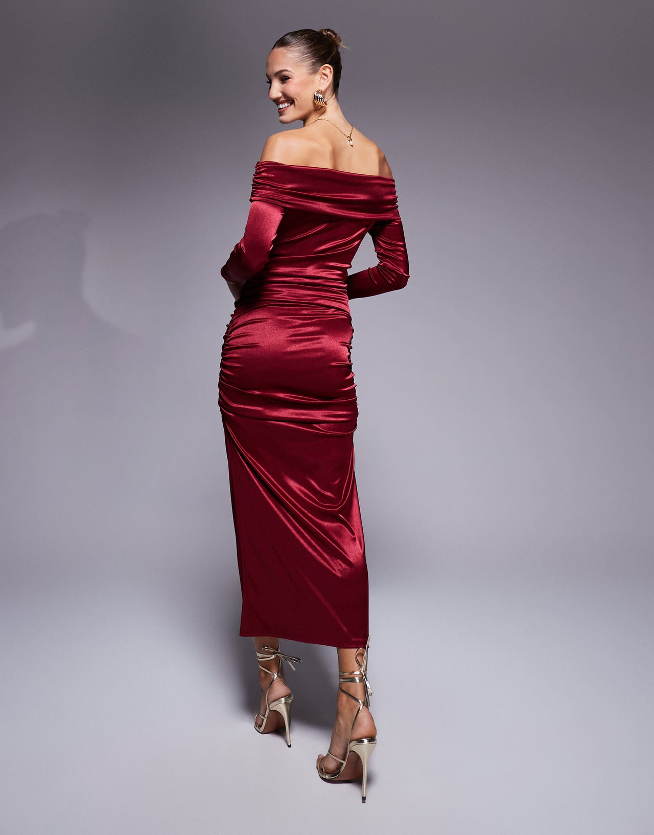True Violet bardot long sleeve ruched satin midi dress in wine