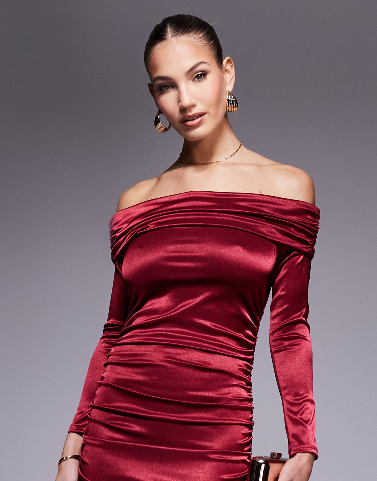 True Violet bardot long sleeve ruched satin midi dress in wine