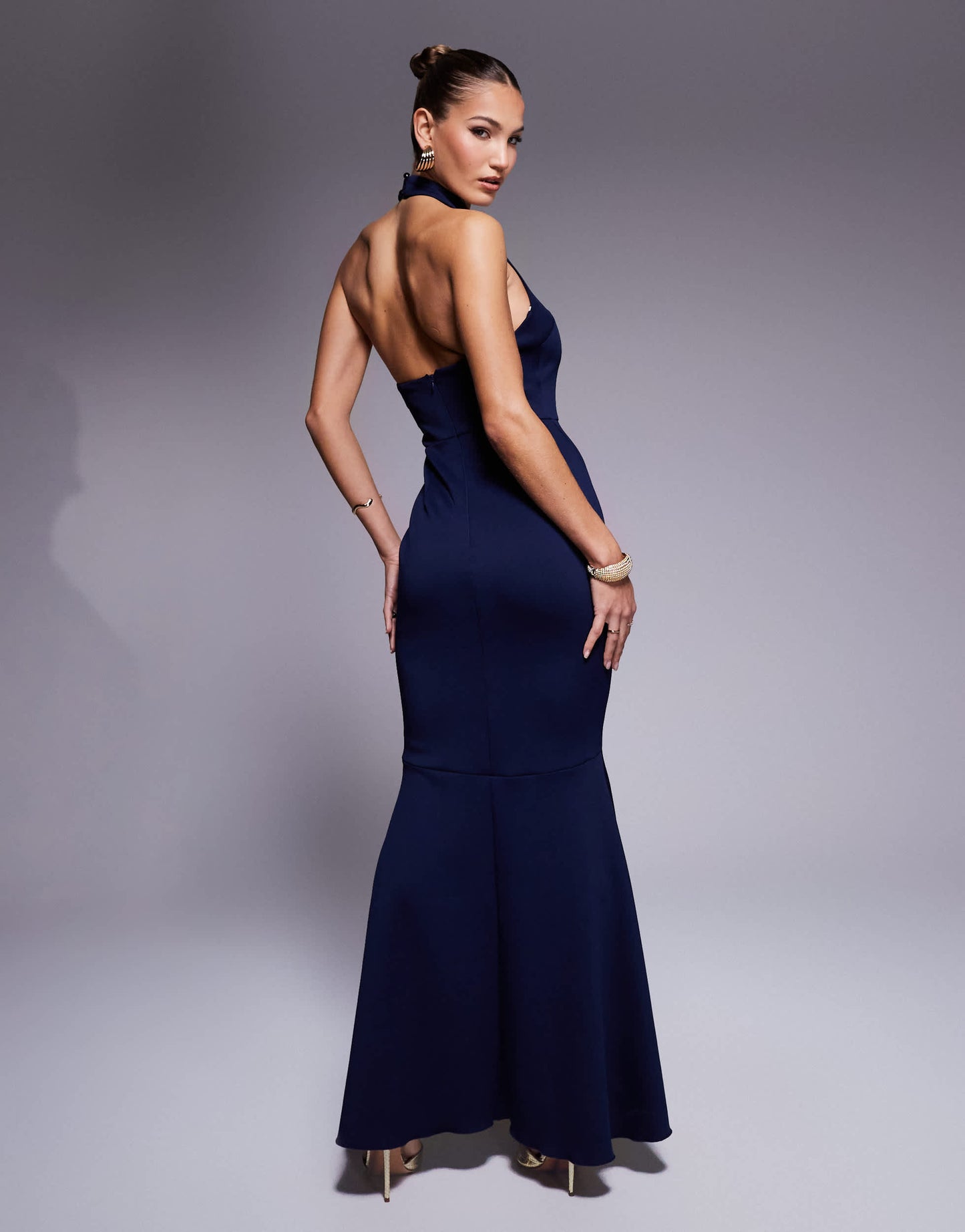True Violet halter neck fishtail maxi gown in navy - NAVY