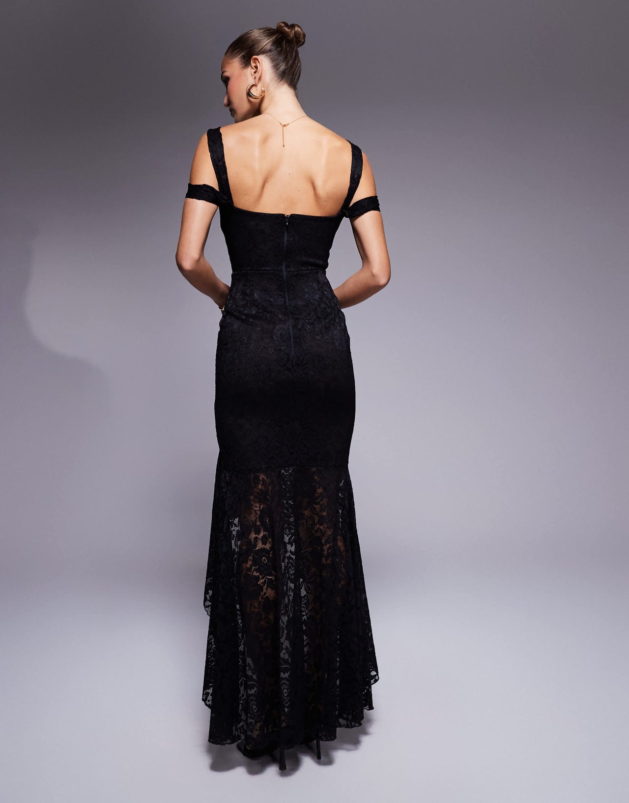 True Violet asymmetric lace ruffle gown in black