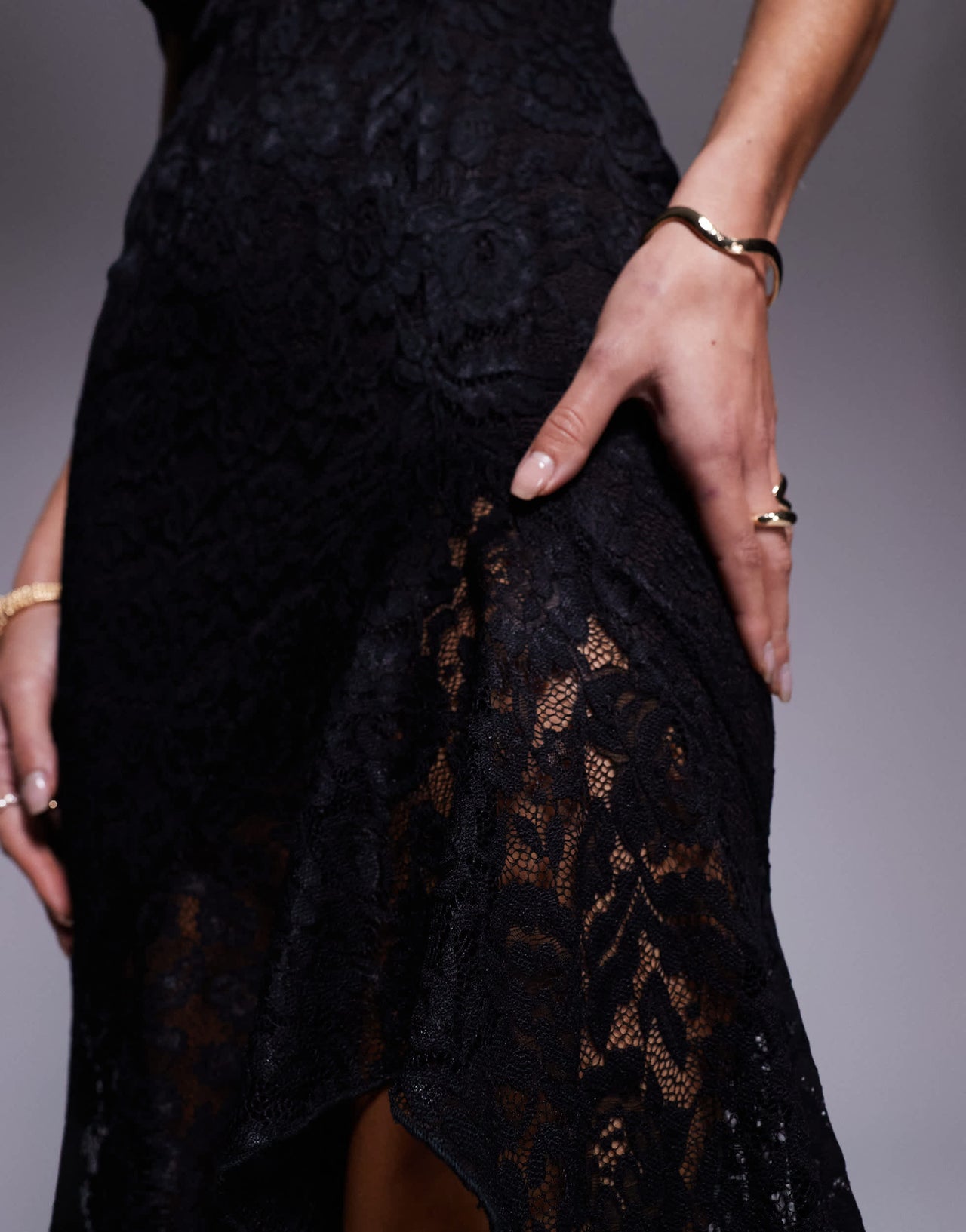 True Violet asymmetric lace ruffle gown in black