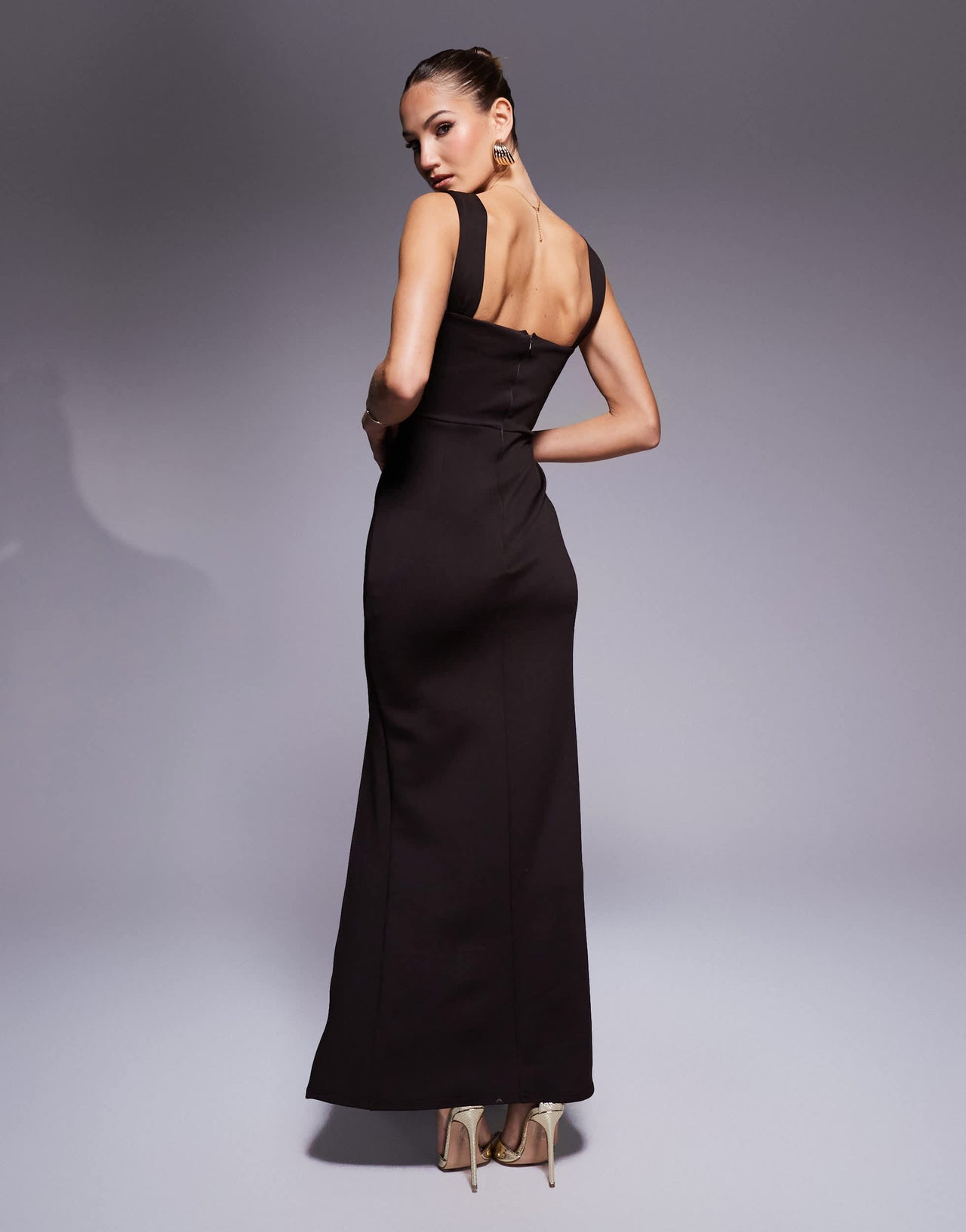 True Violet corset maxi gown with thigh split in chocolate