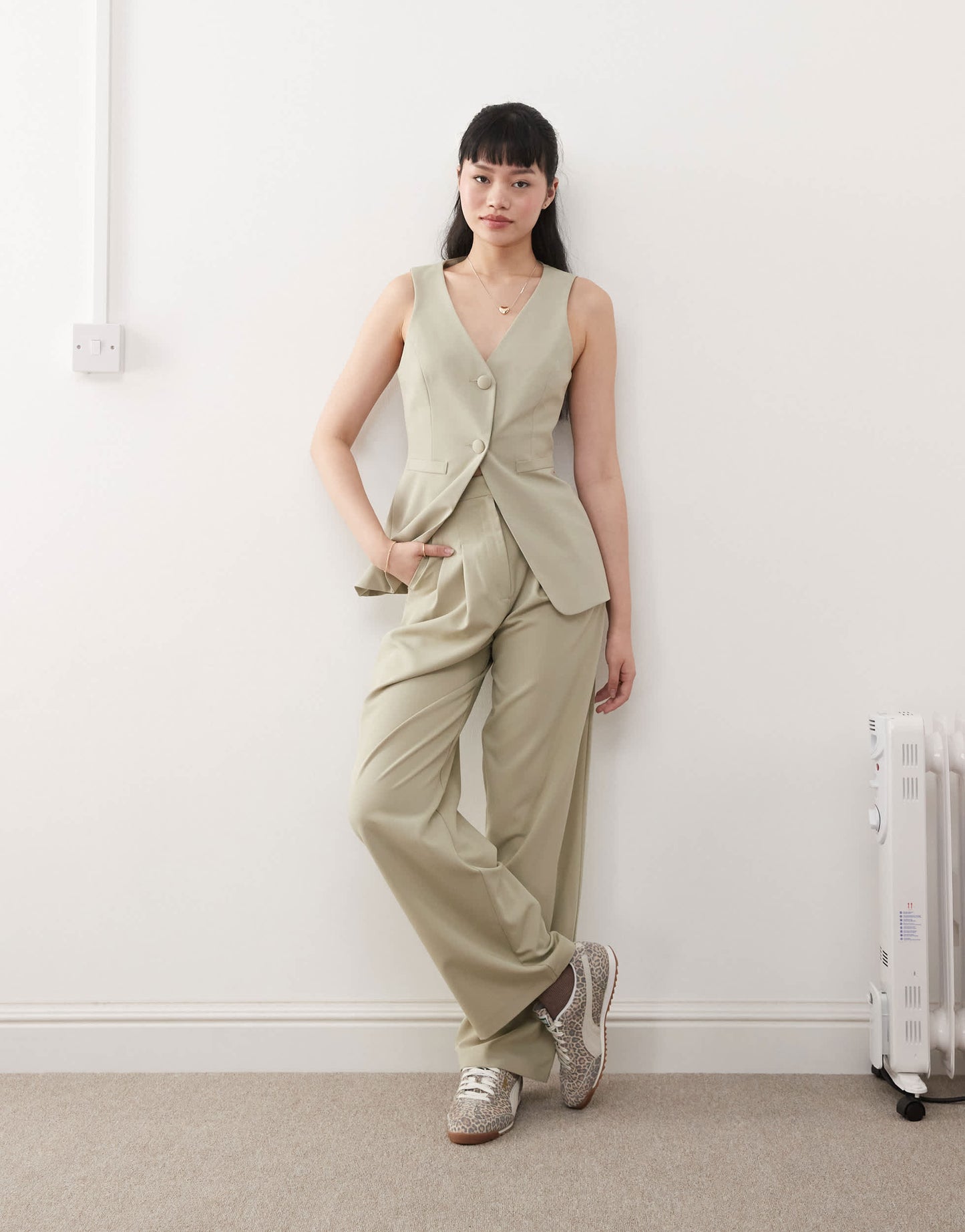 Miss Selfridge co-ord tailored longline waistcoat in khaki