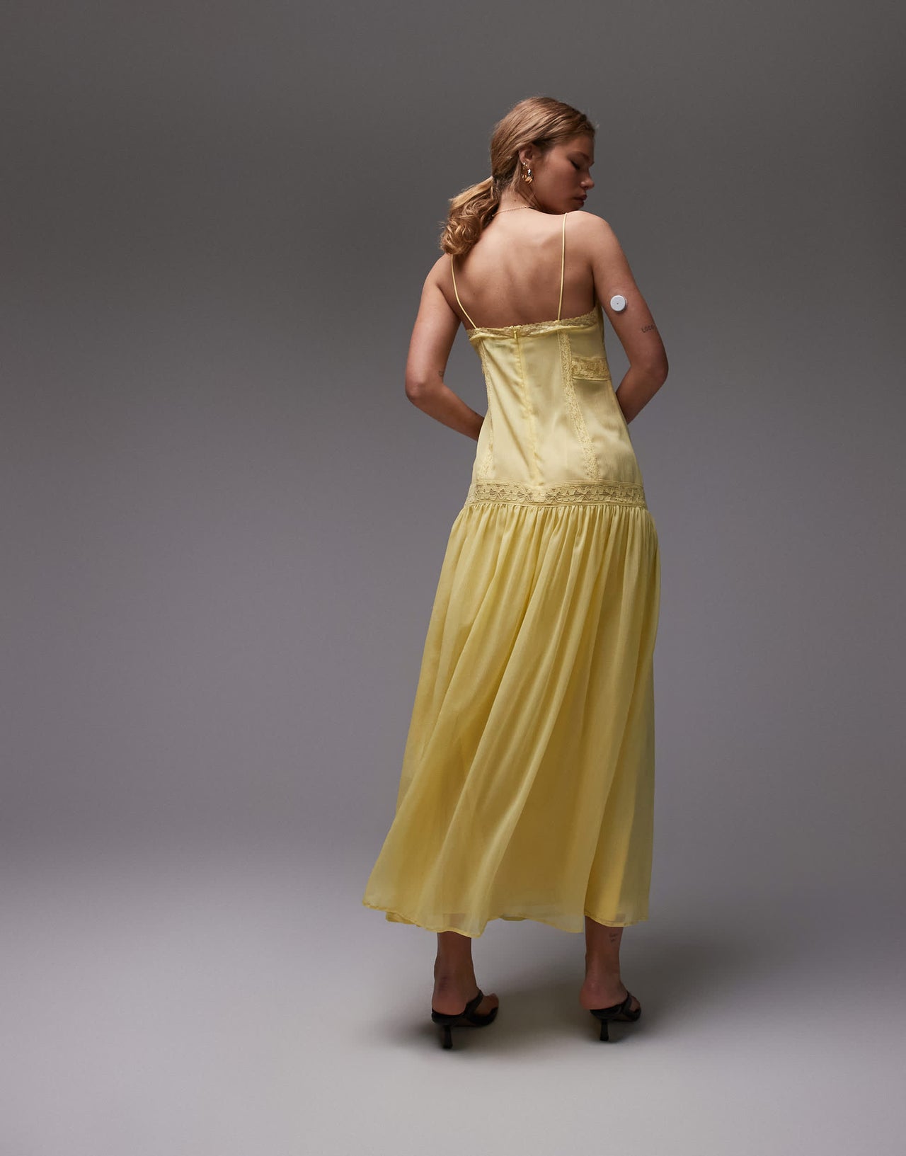 Topshop lace insert chiffon midi dress in yellow