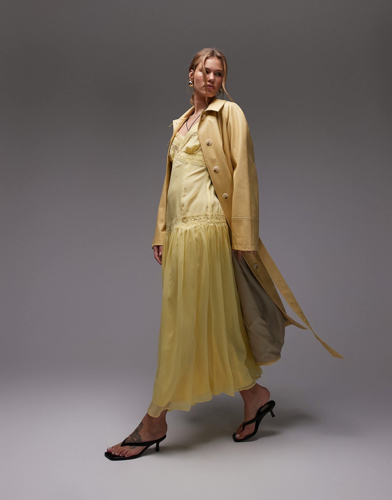 Topshop lace insert chiffon midi dress in yellow