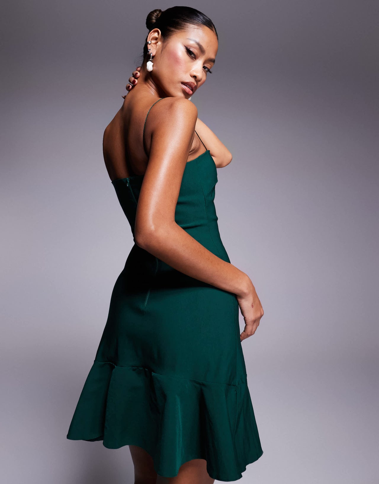 Vesper bengaline cami frill hem mini dress in emerald green