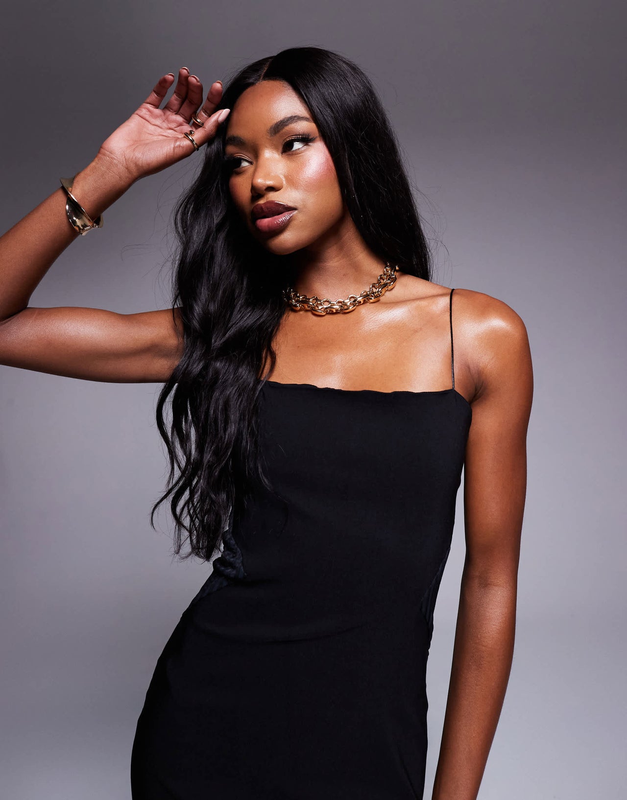 Vesper bengaline square neck thin strap maxi dress in black