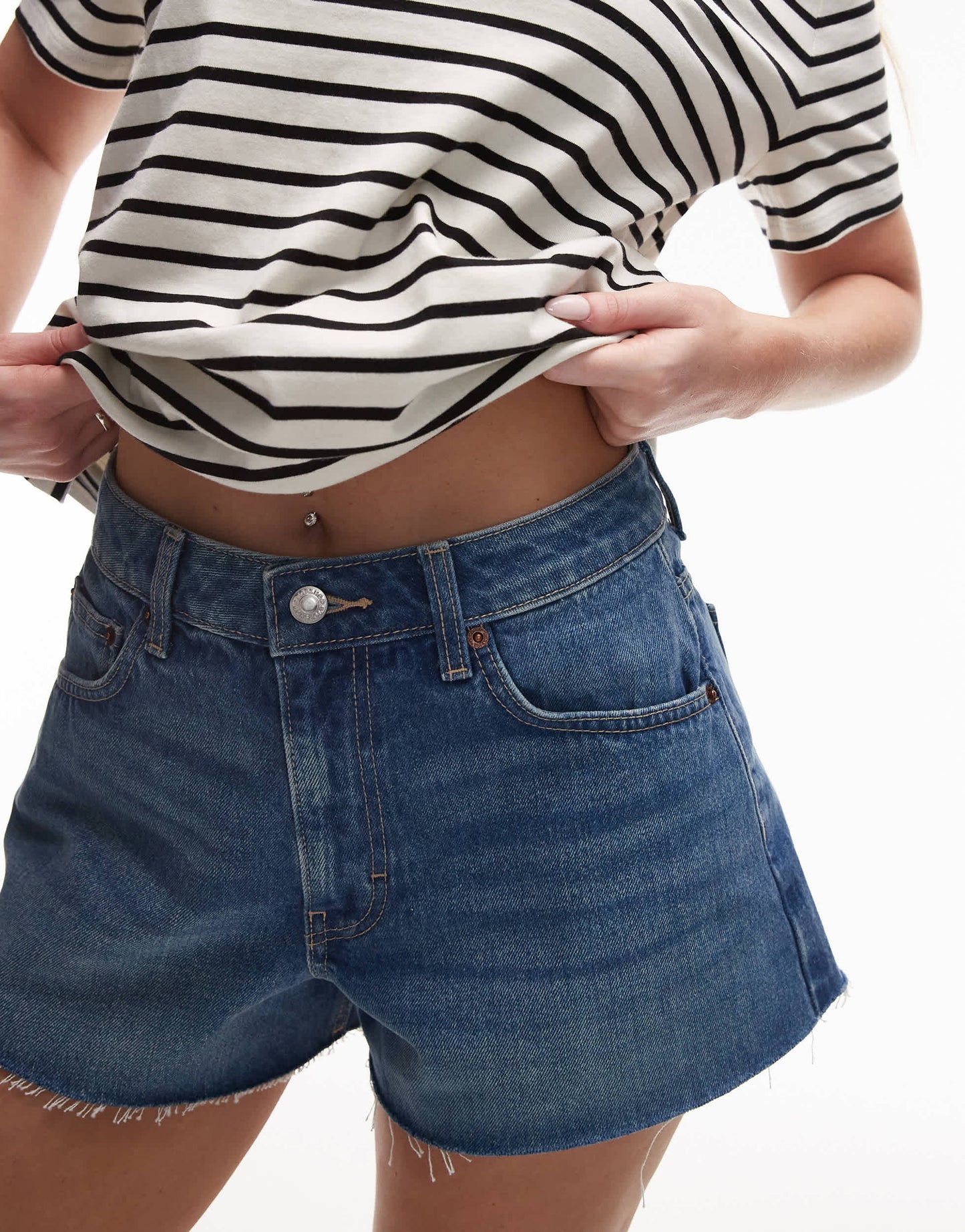 Topshop Hourglass denim A-line shorts in mid blue