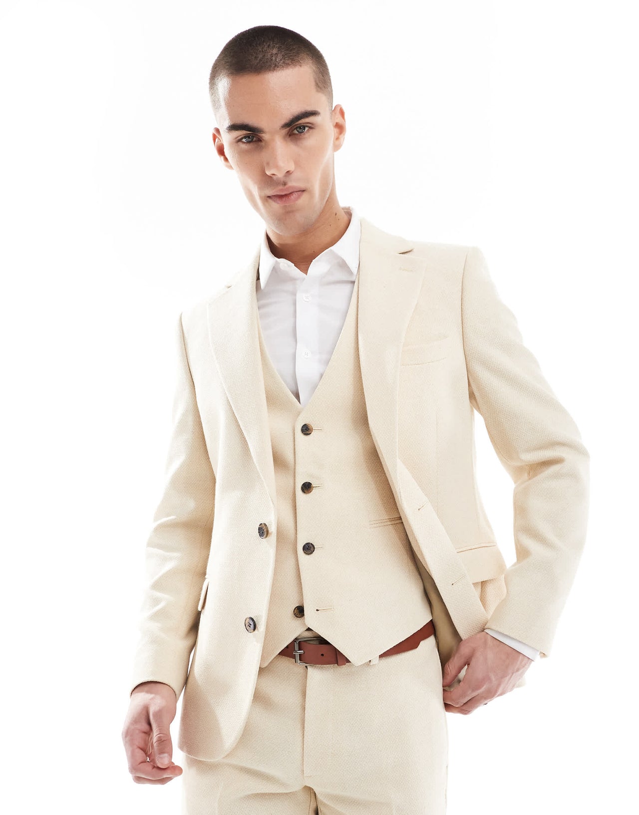 ASOS DESIGN wool blend skinny suit jacket in stone weave