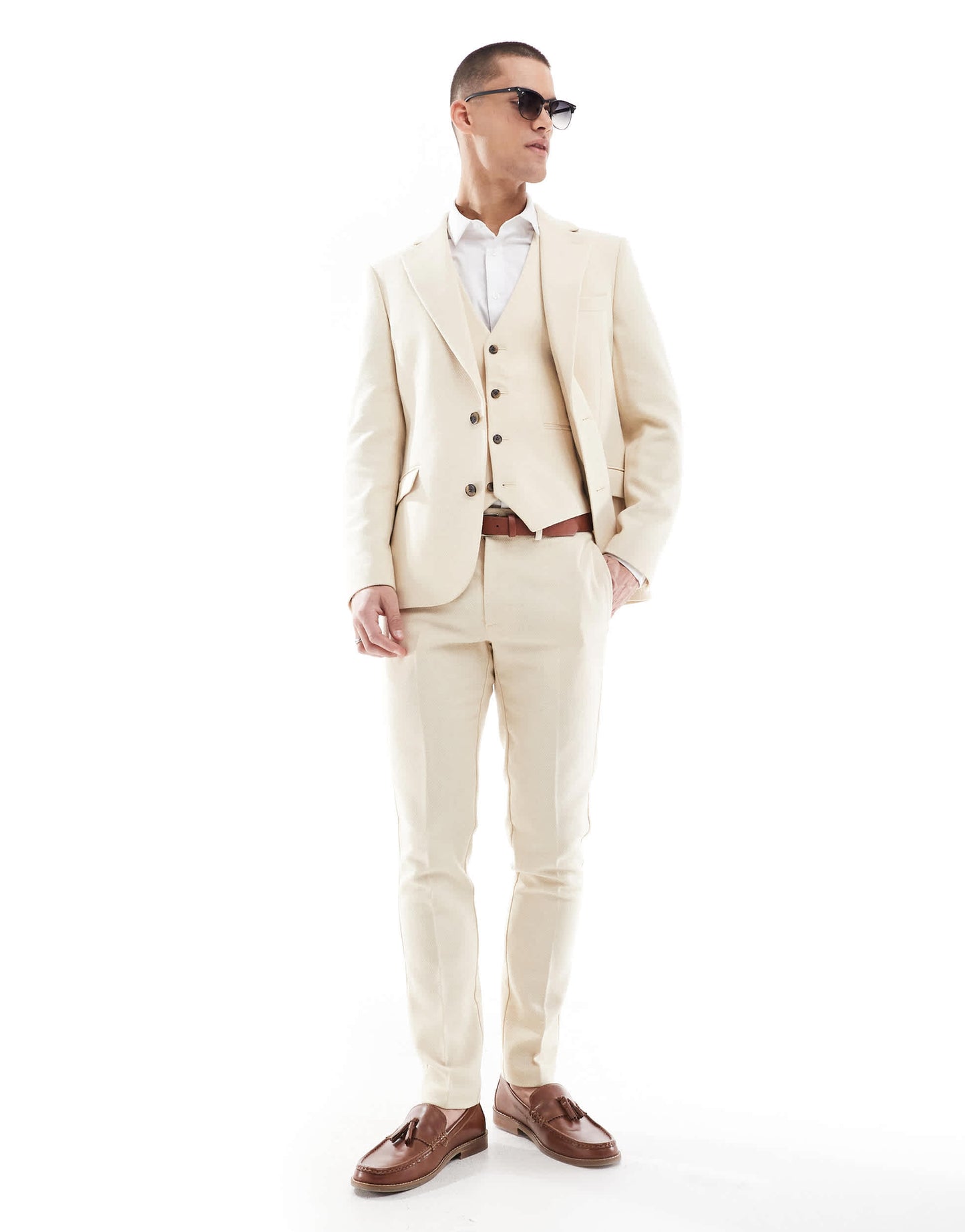ASOS DESIGN wool blend skinny suit jacket in stone weave
