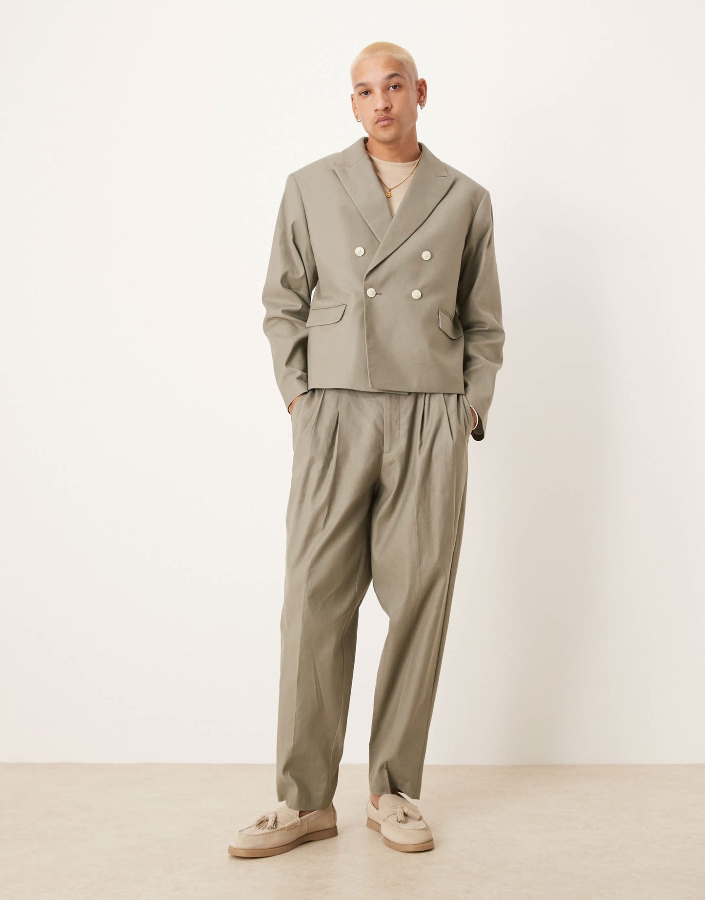 ASOS DESIGN linen mix oversized tapered suit trousers in khaki