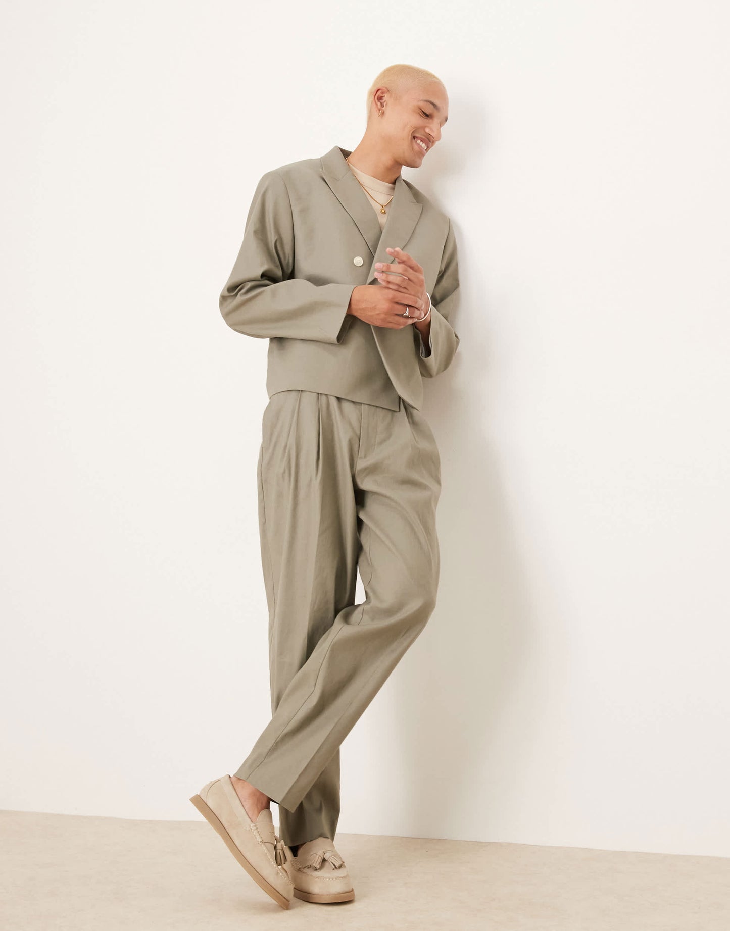 ASOS DESIGN linen mix oversized tapered suit trousers in khaki