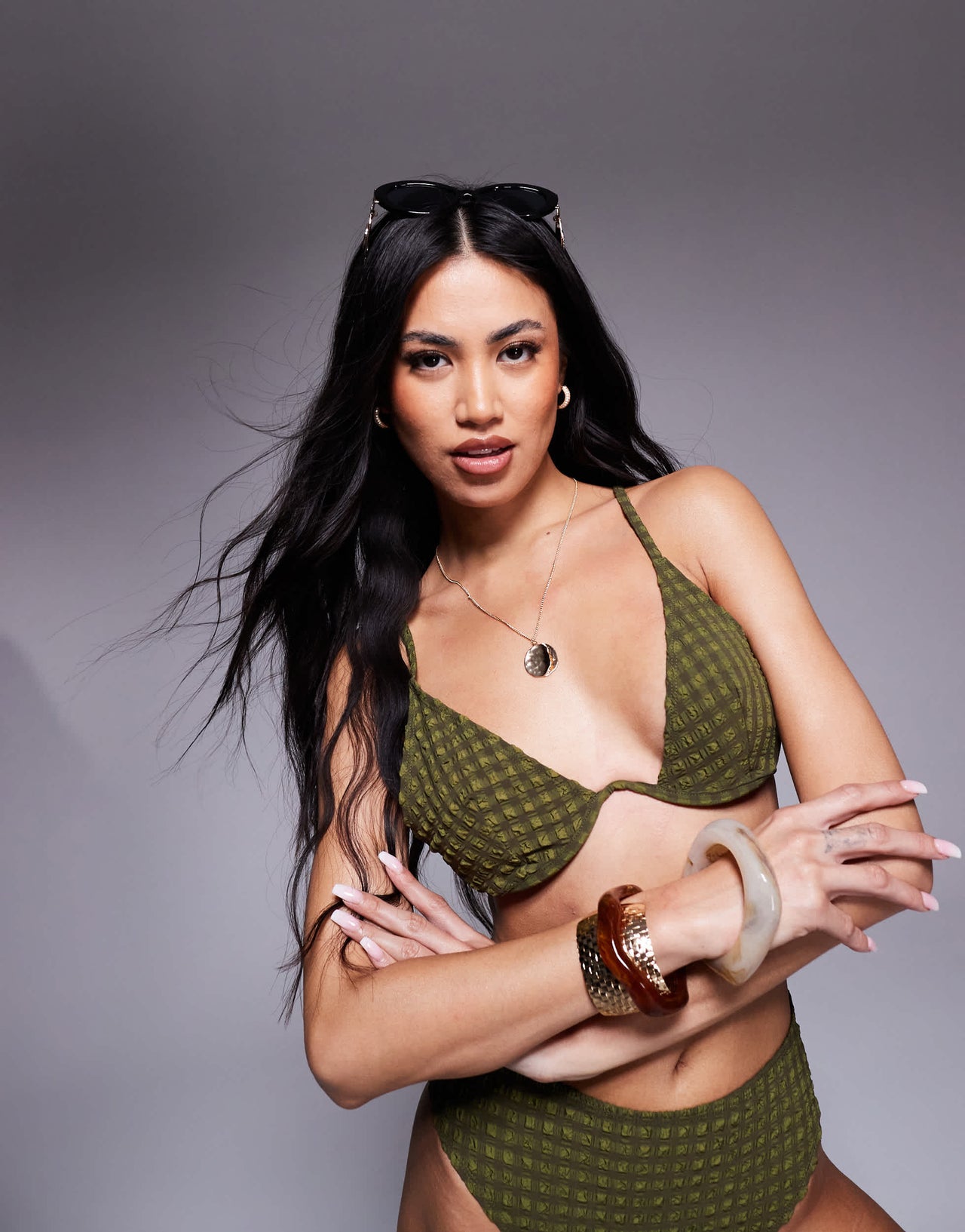 ASOS DESIGN Lizzie seersucker monowire bikini top in khaki