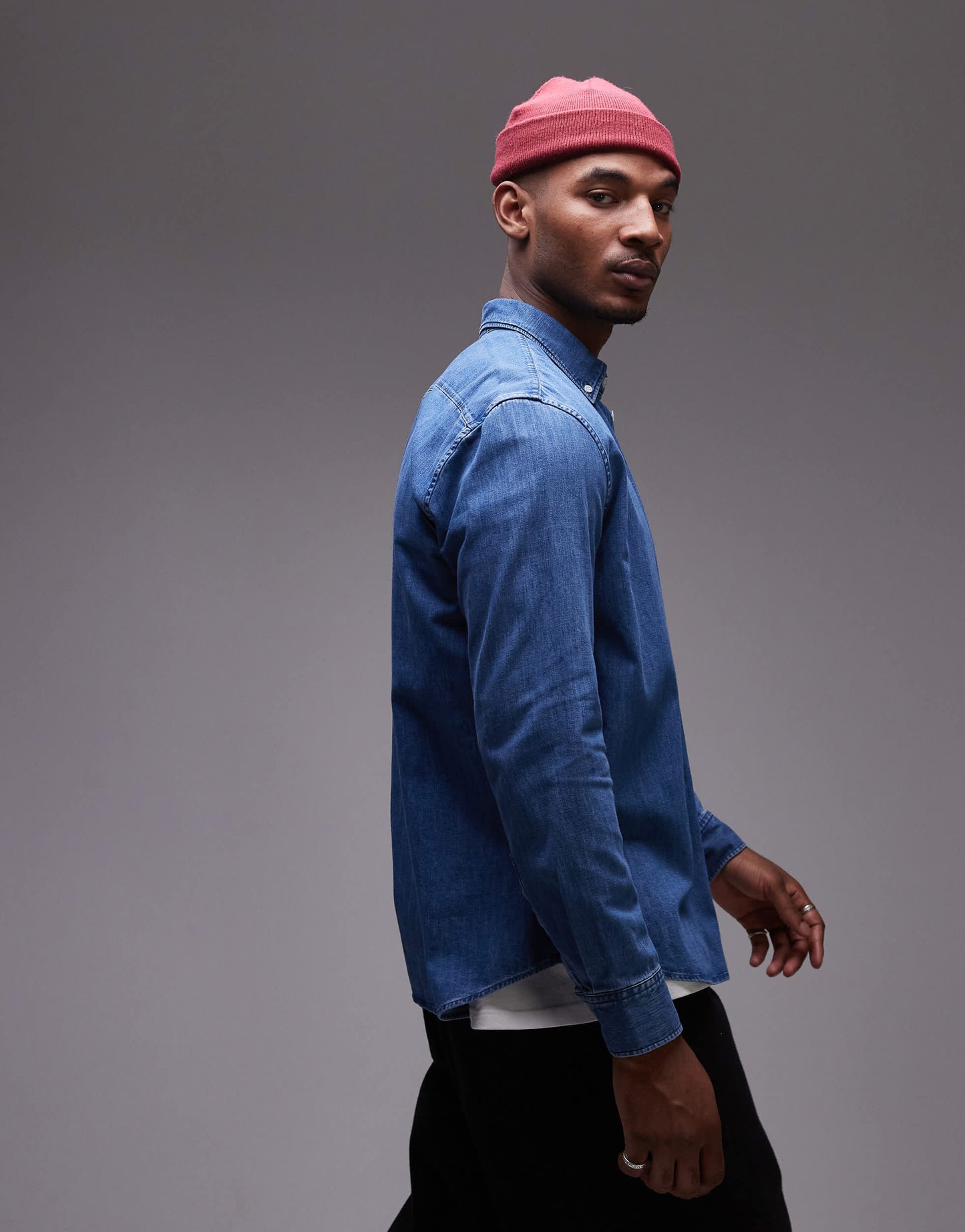 ARKET denim chambray shirt with button collar in dark wash blue