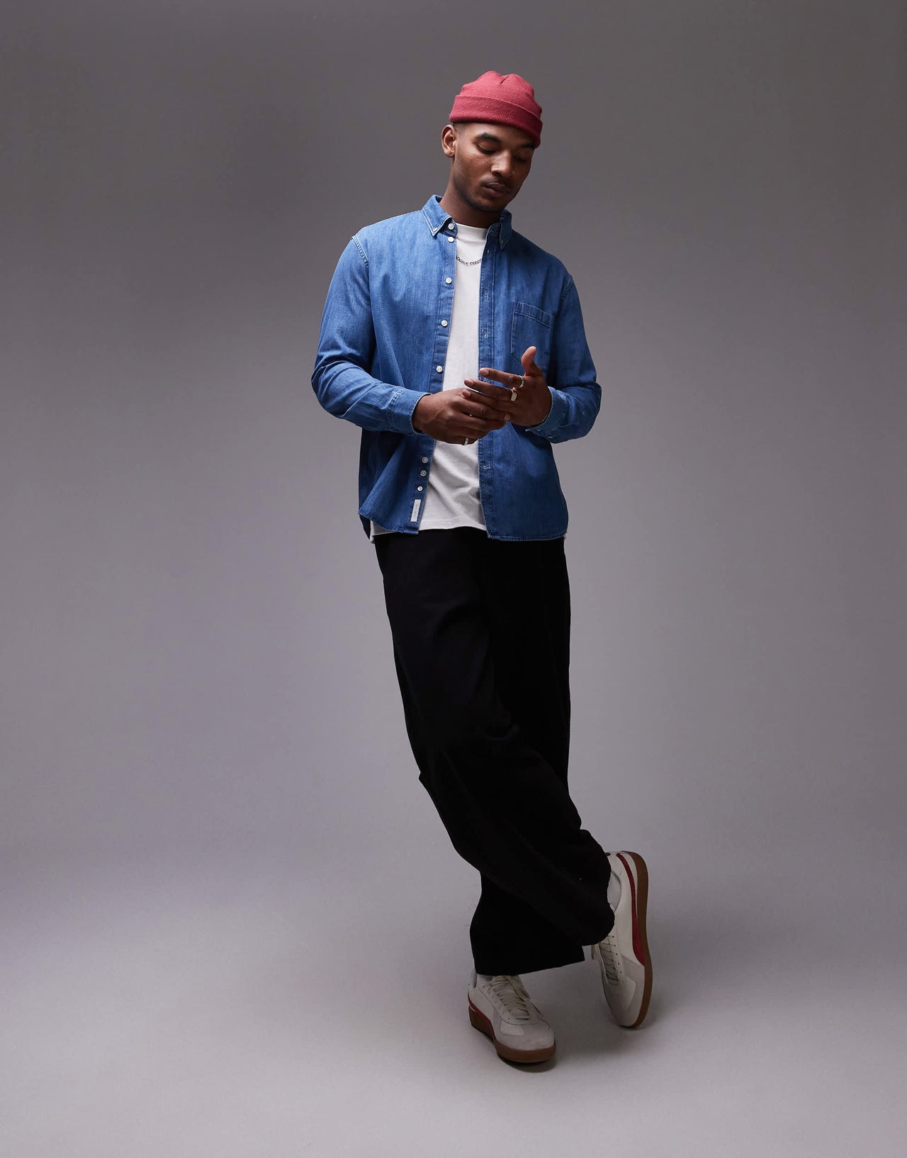 ARKET denim chambray shirt with button collar in dark wash blue