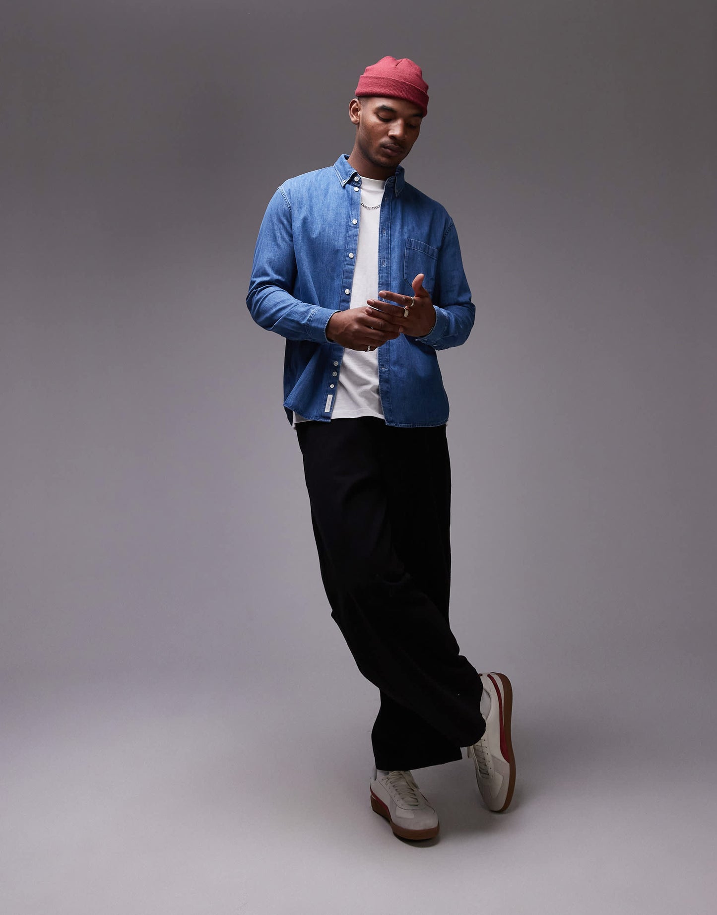 ARKET denim chambray shirt with button collar in dark wash blue