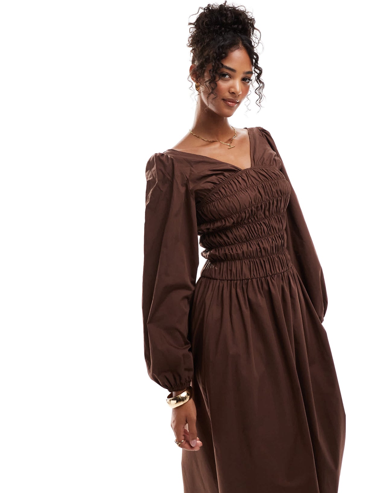 ASOS DESIGN shirred long sleeve maxi dress in chocolate