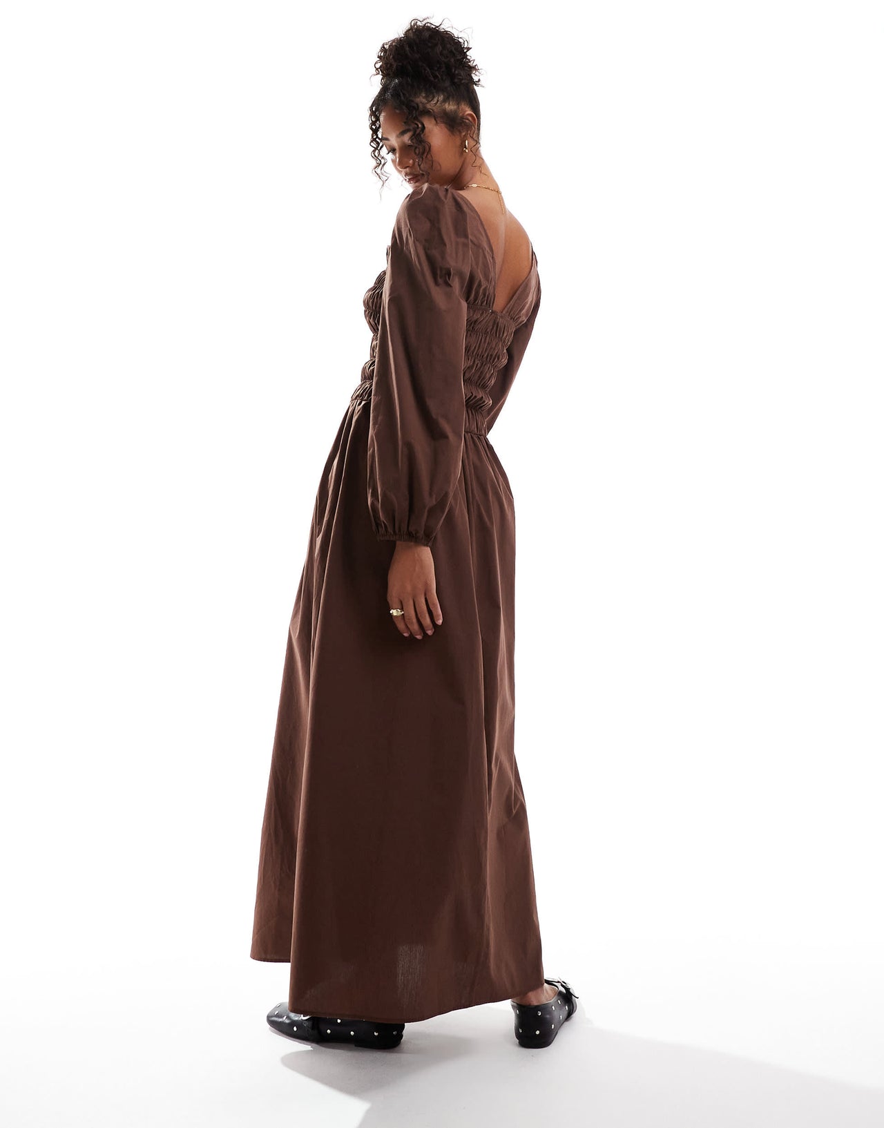 ASOS DESIGN shirred long sleeve maxi dress in chocolate