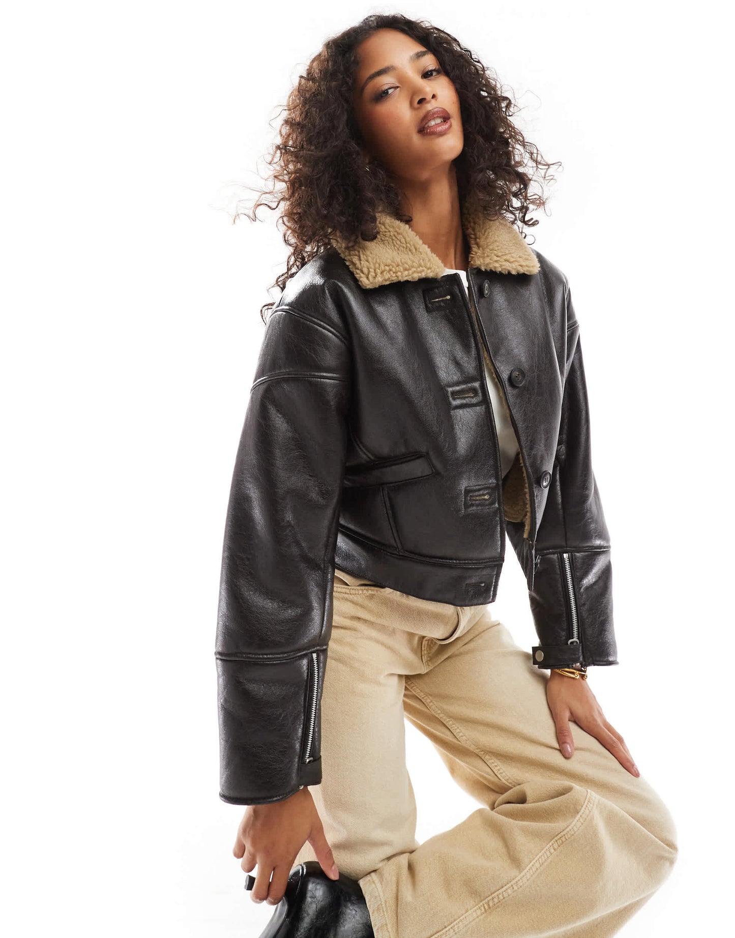 Pull&Bear faux leather shearling collar jacket in dark brown