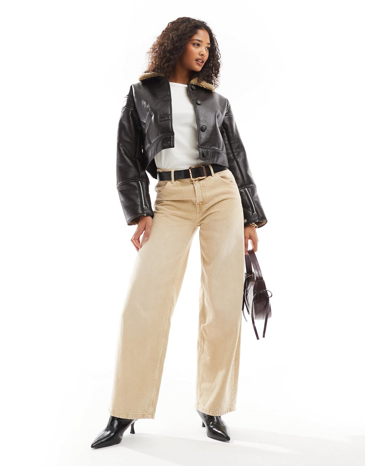 Pull&Bear faux leather shearling collar jacket in dark brown