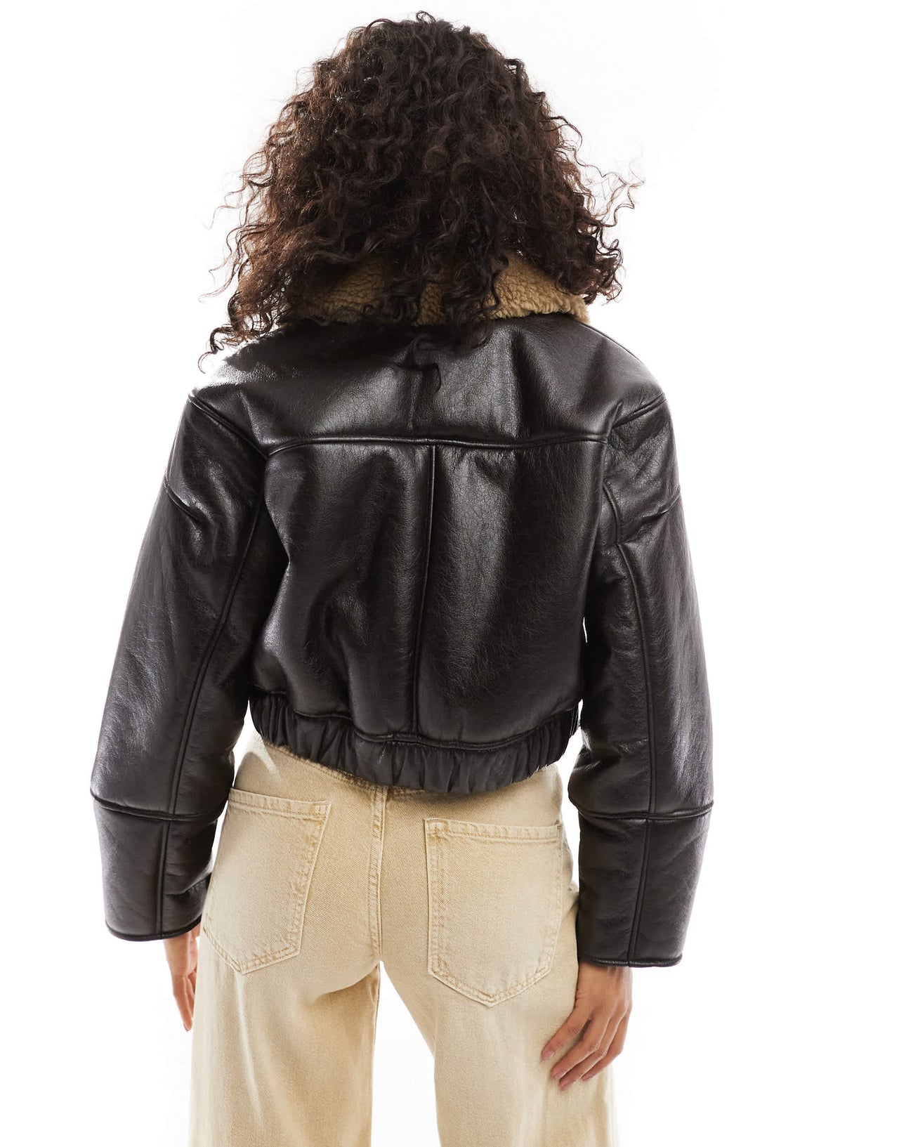Pull&Bear faux leather shearling collar jacket in dark brown