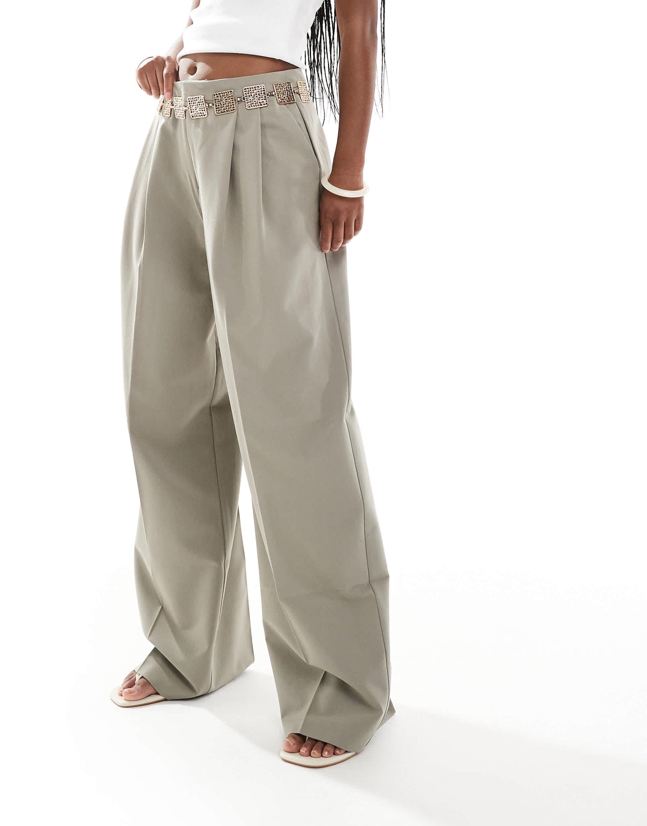 Pull&Bear pleated wide leg tailored trouser in sand
