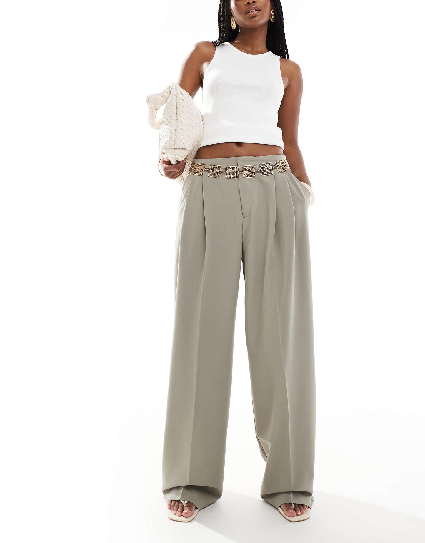 Pull&Bear pleated wide leg tailored trouser in sand