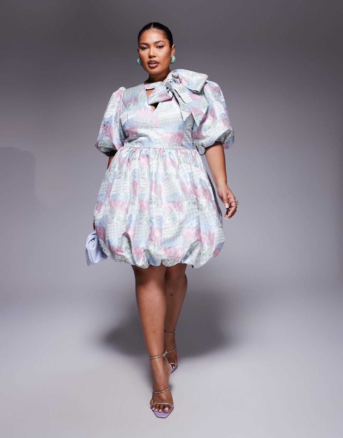 ASOS LUXE Curve jacquard puff sleeve mini dress with bow in multi patch work print