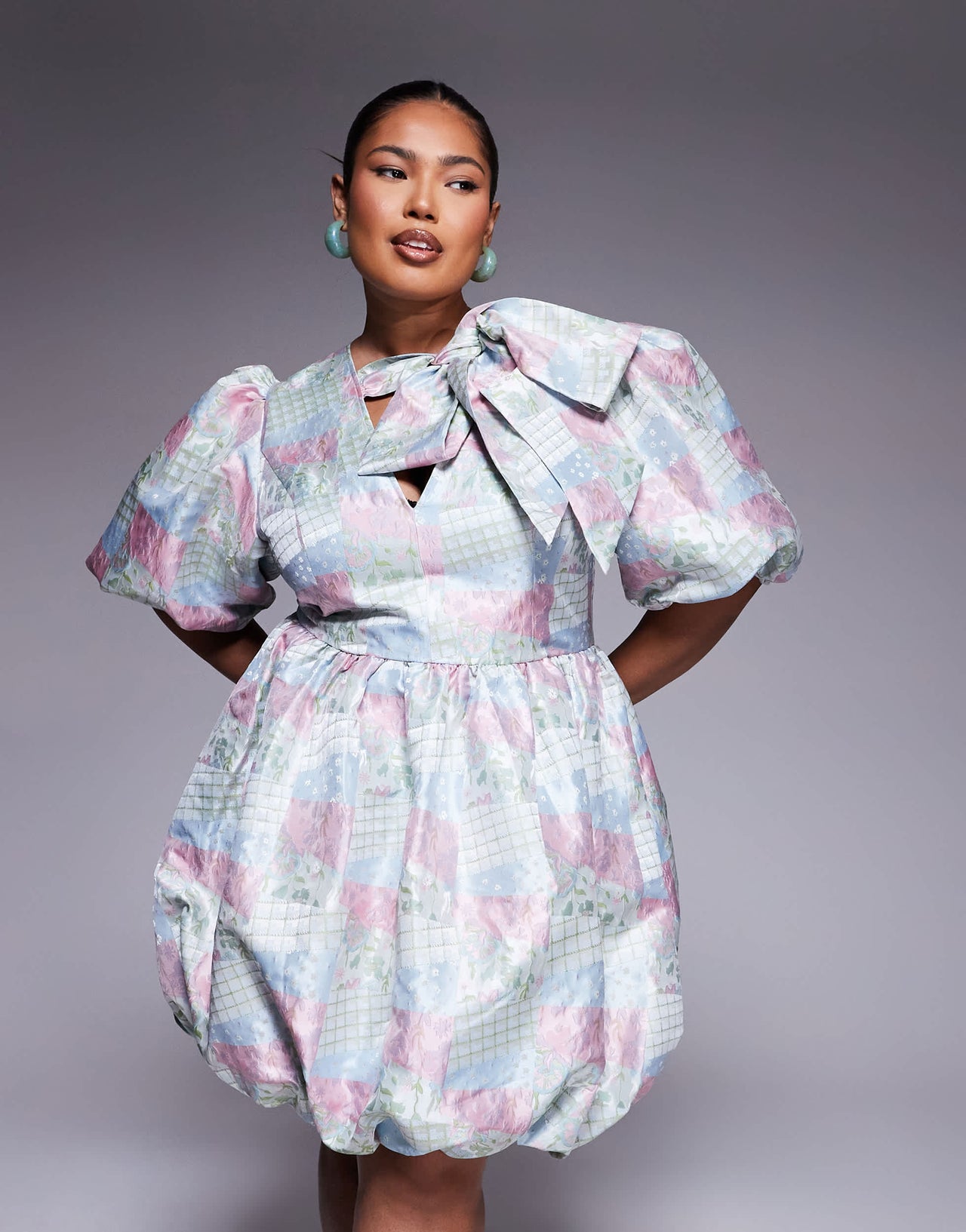 ASOS LUXE Curve jacquard puff sleeve mini dress with bow in multi patch work print