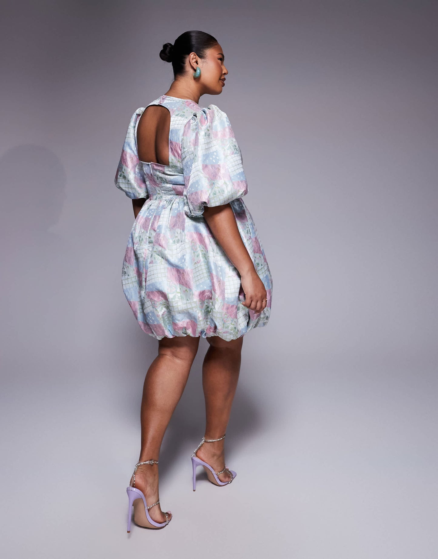 ASOS LUXE Curve jacquard puff sleeve mini dress with bow in multi patch work print