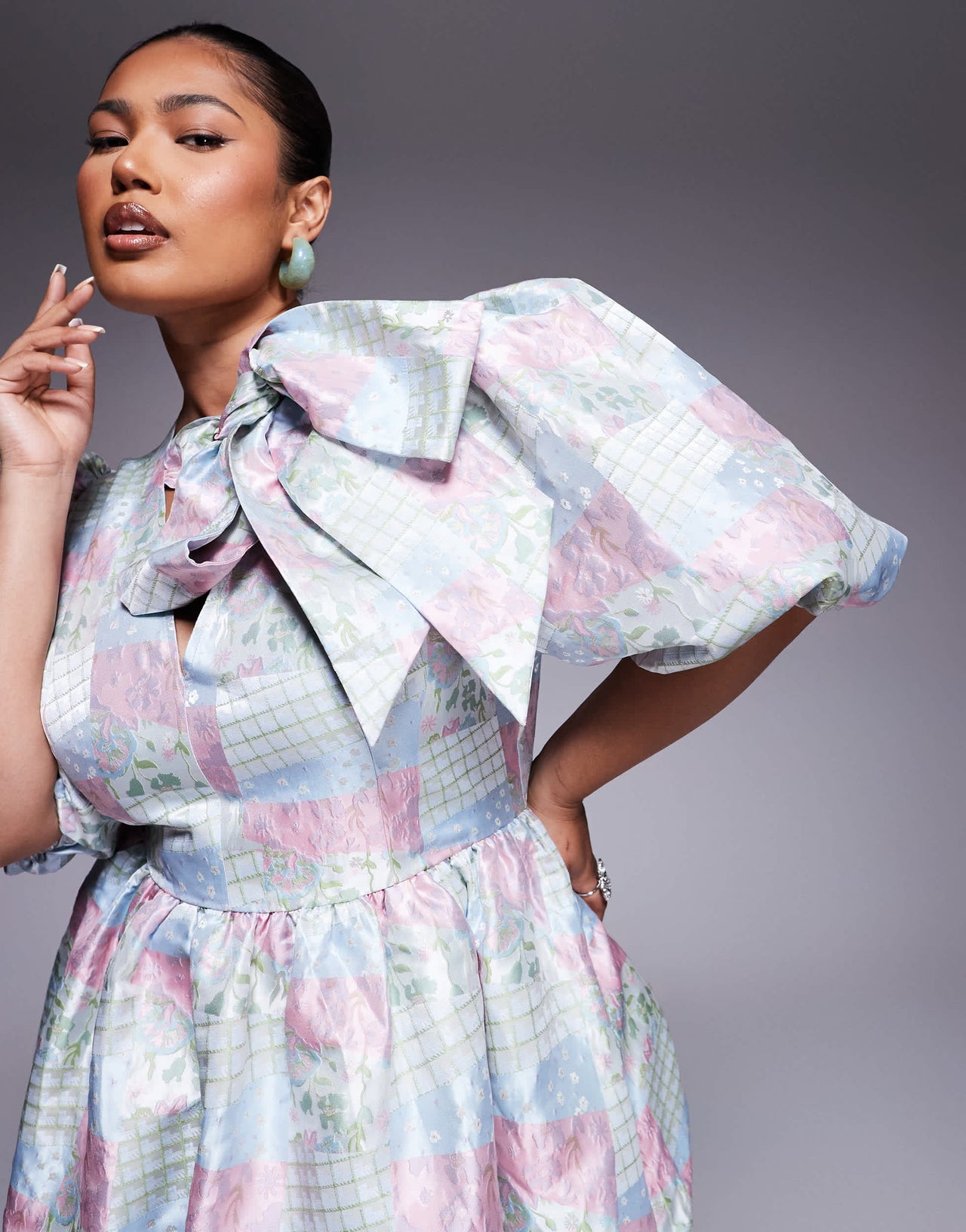 ASOS LUXE Curve jacquard puff sleeve mini dress with bow in multi patch work print