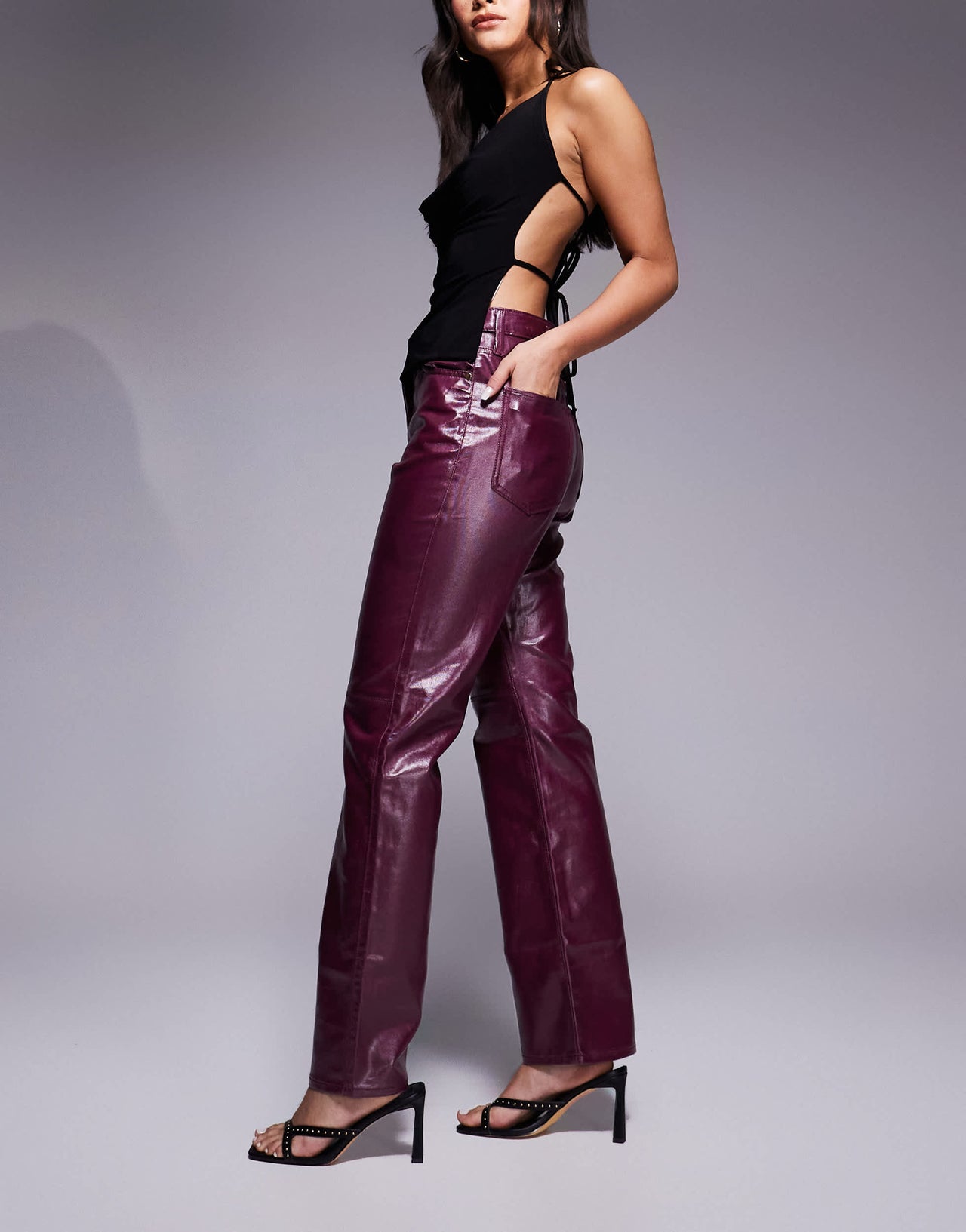 River Island relaxed straight coated jean in dark red