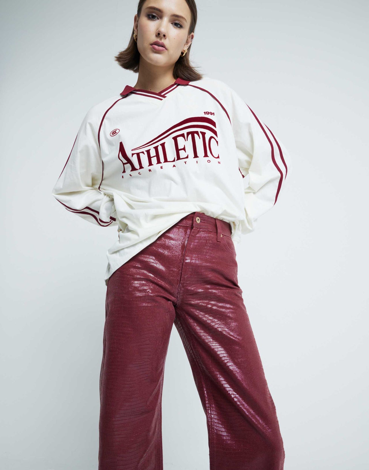 River Island snake relaxed straight jean in burgundy