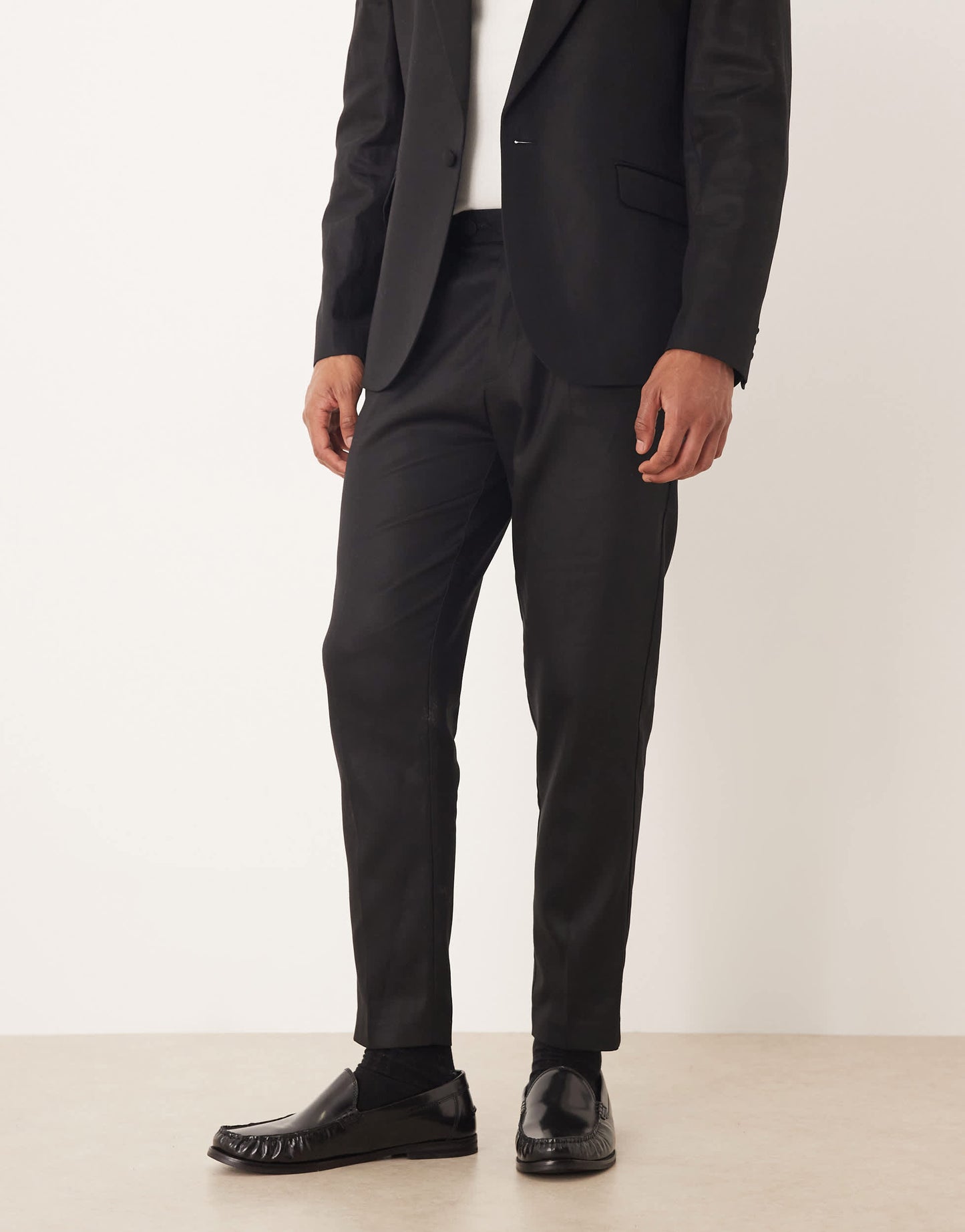 ASOS DESIGN tapered suit trousers with linen in black shine