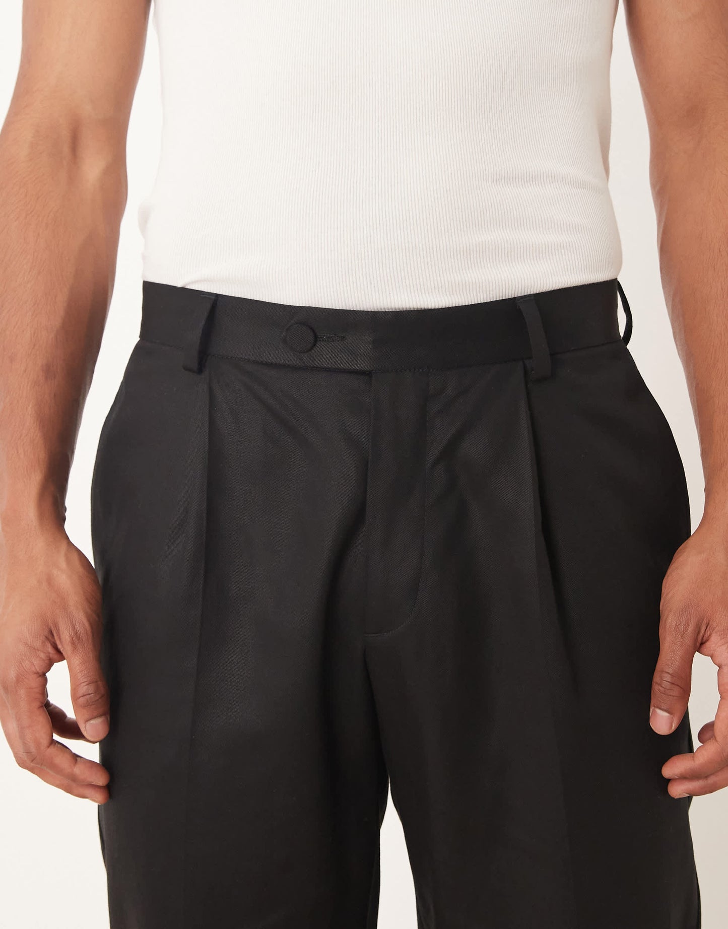 ASOS DESIGN tapered suit trousers with linen in black shine