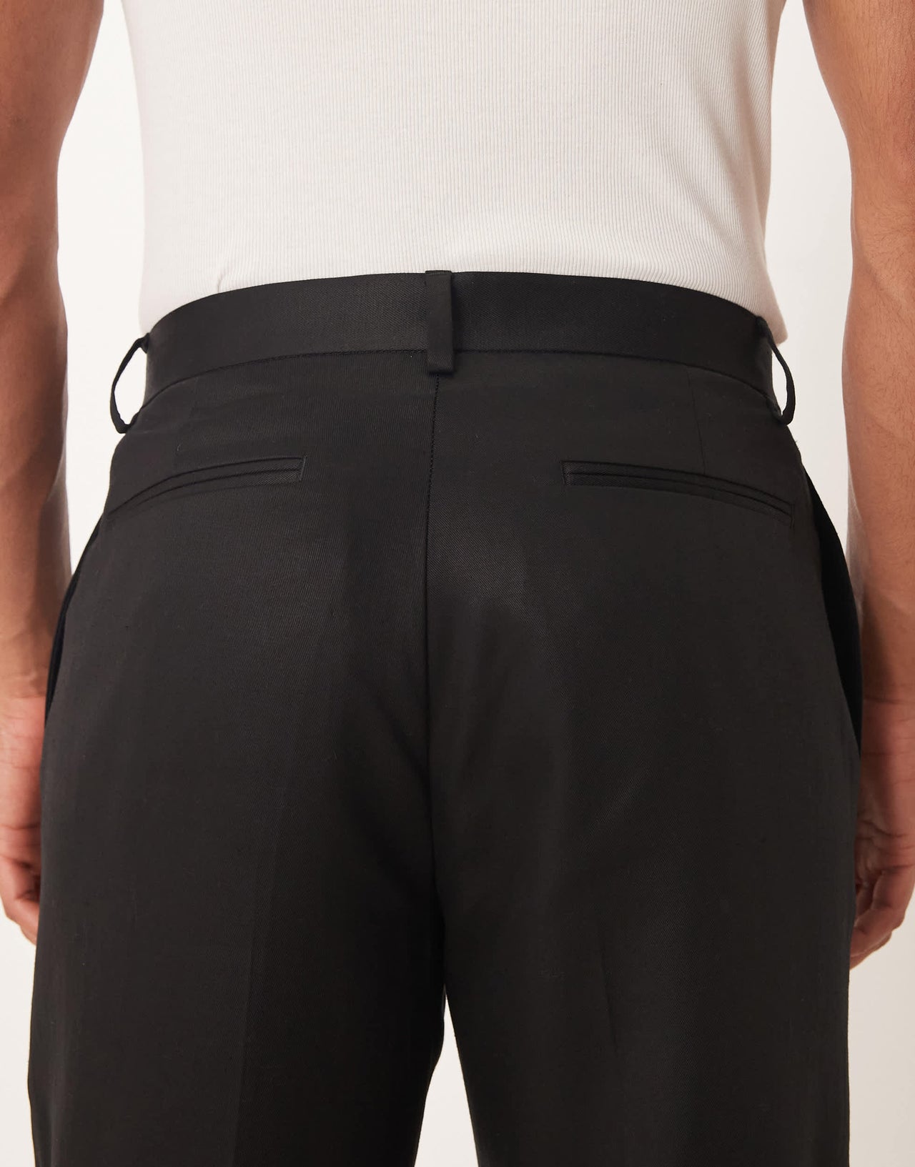 ASOS DESIGN tapered suit trousers with linen in black shine