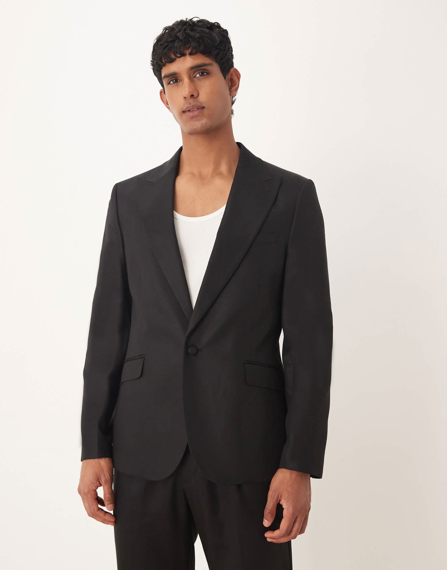 ASOS DESIGN slim suit jacket with linen in black shine