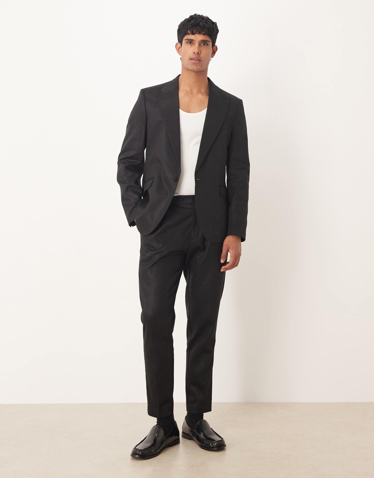 ASOS DESIGN slim suit jacket with linen in black shine