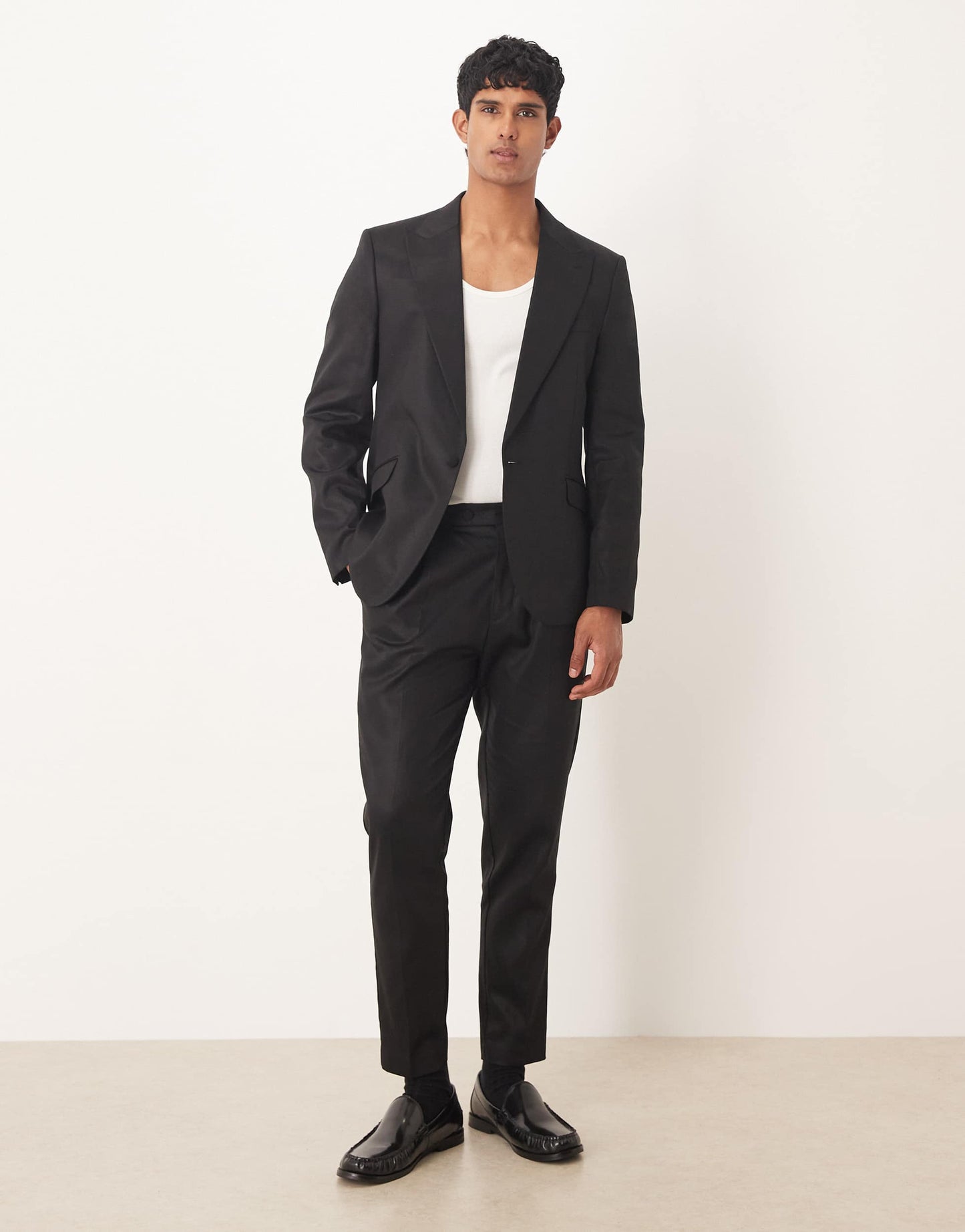ASOS DESIGN slim suit jacket with linen in black shine