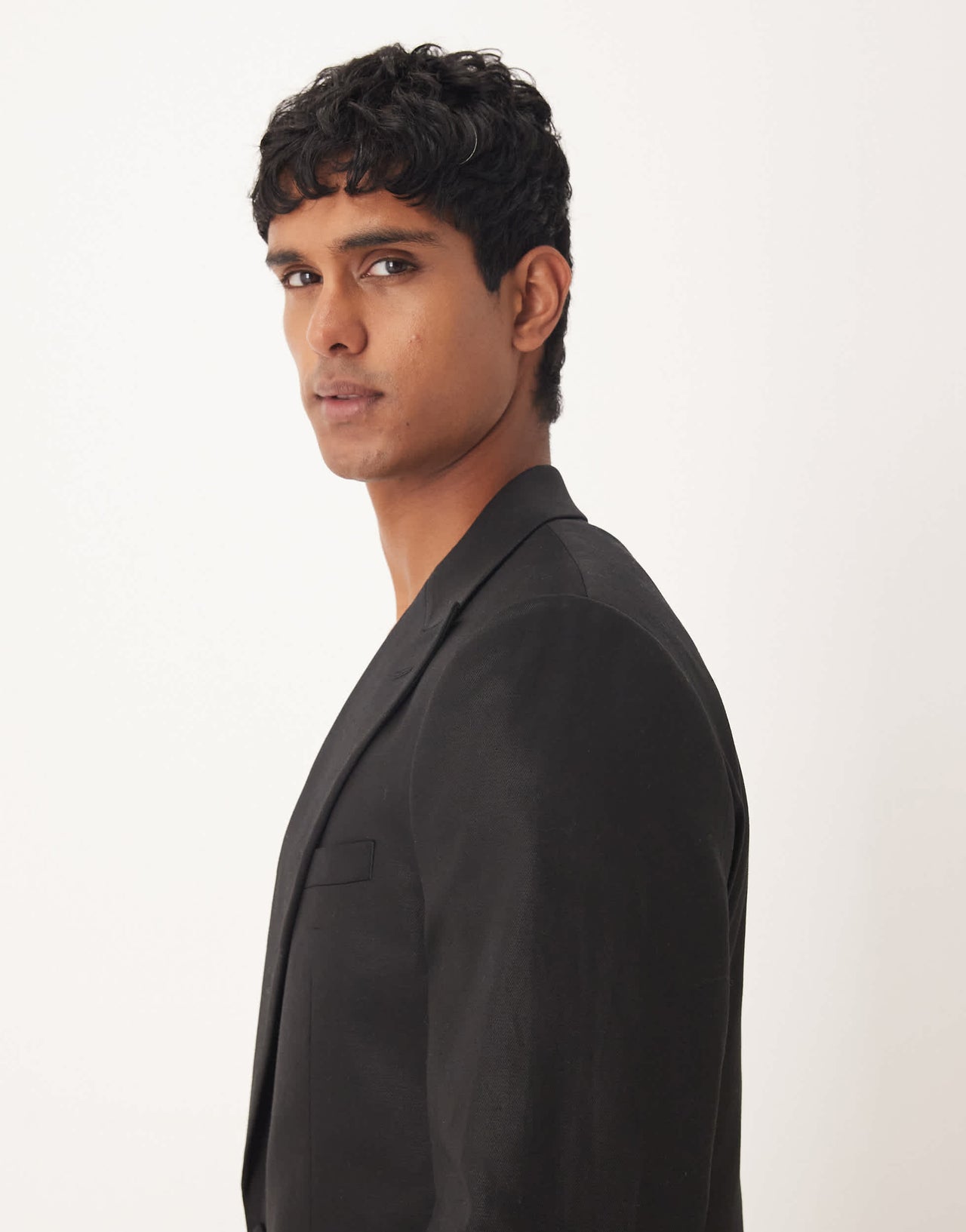 ASOS DESIGN slim suit jacket with linen in black shine