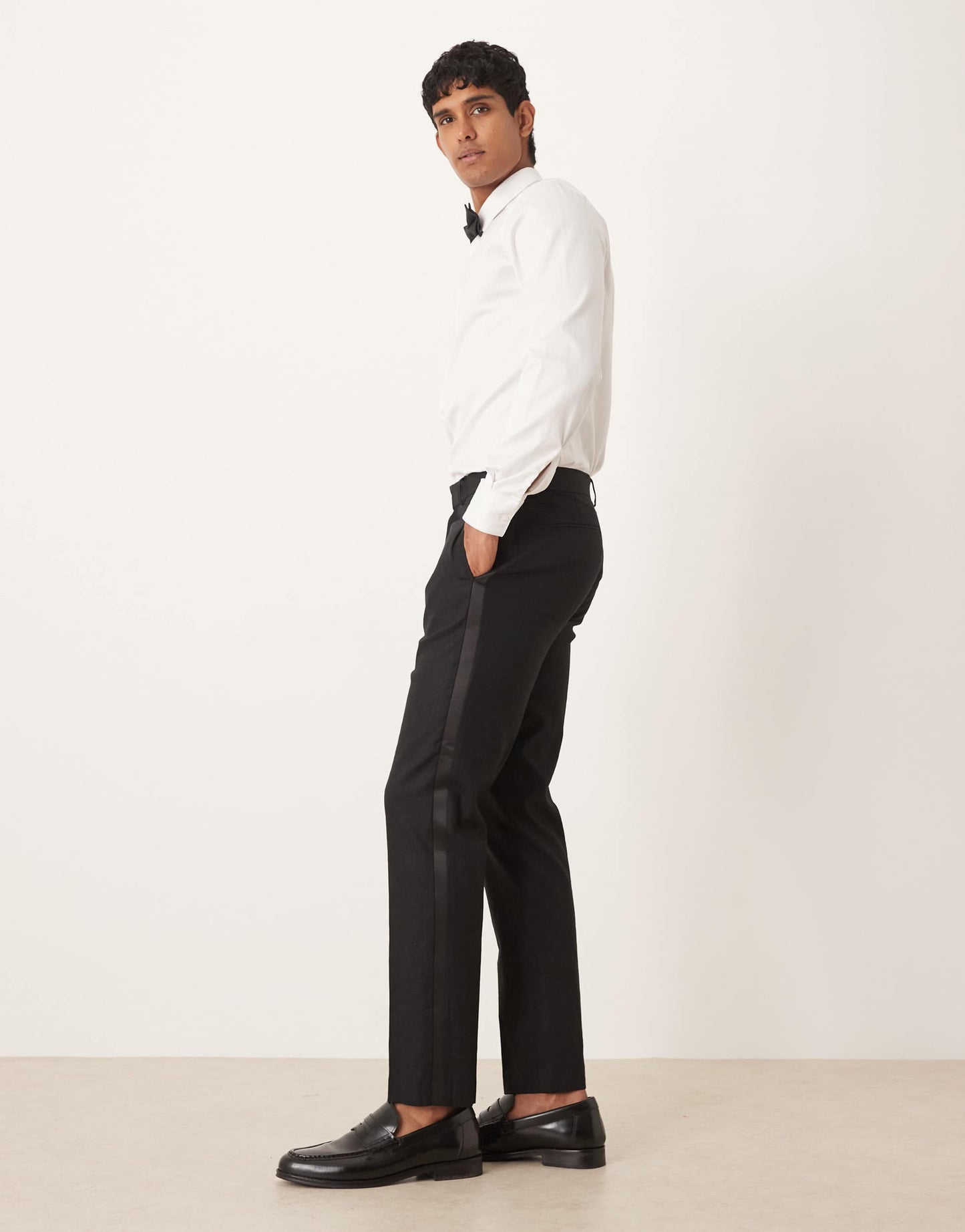 ASOS DESIGN linen blend slim tuxedo suit trousers in black