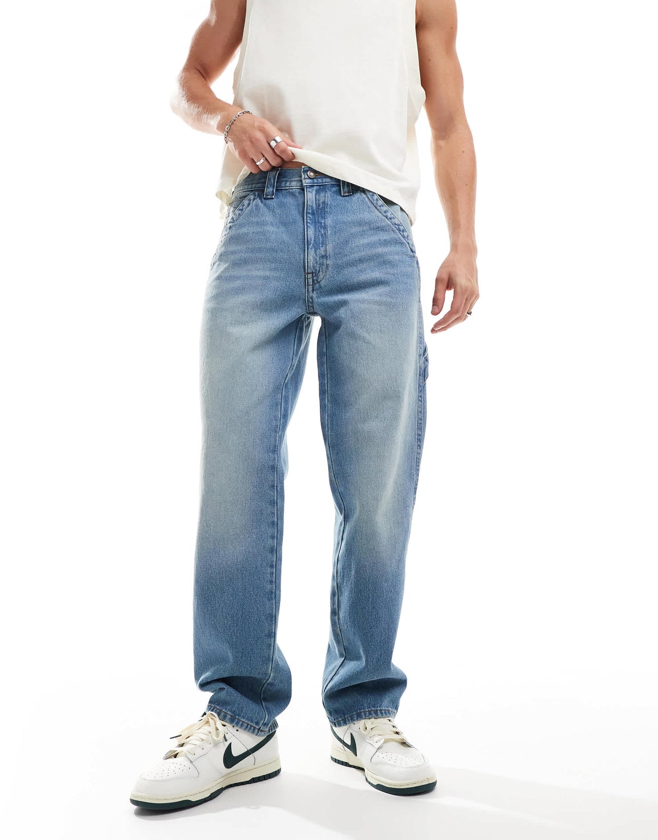ASOS DESIGN straight leg jeans with carpenter details in light wash blue