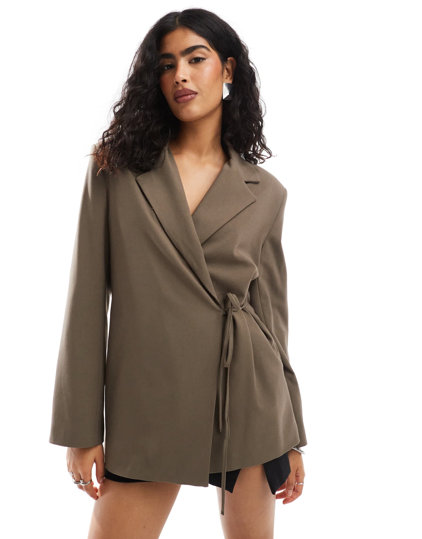 Pull&Bear tie front oversized blazer in taupe