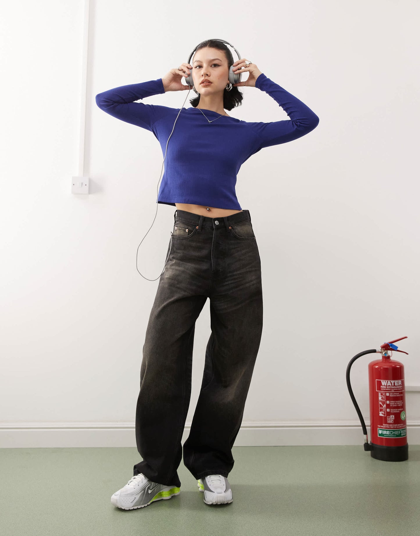 COLLUSION pointelle scoop neck long sleeve top in navy