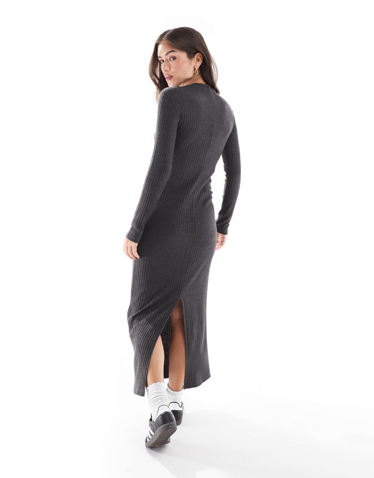 Stradivarius long sleeve brushed midi dress in grey