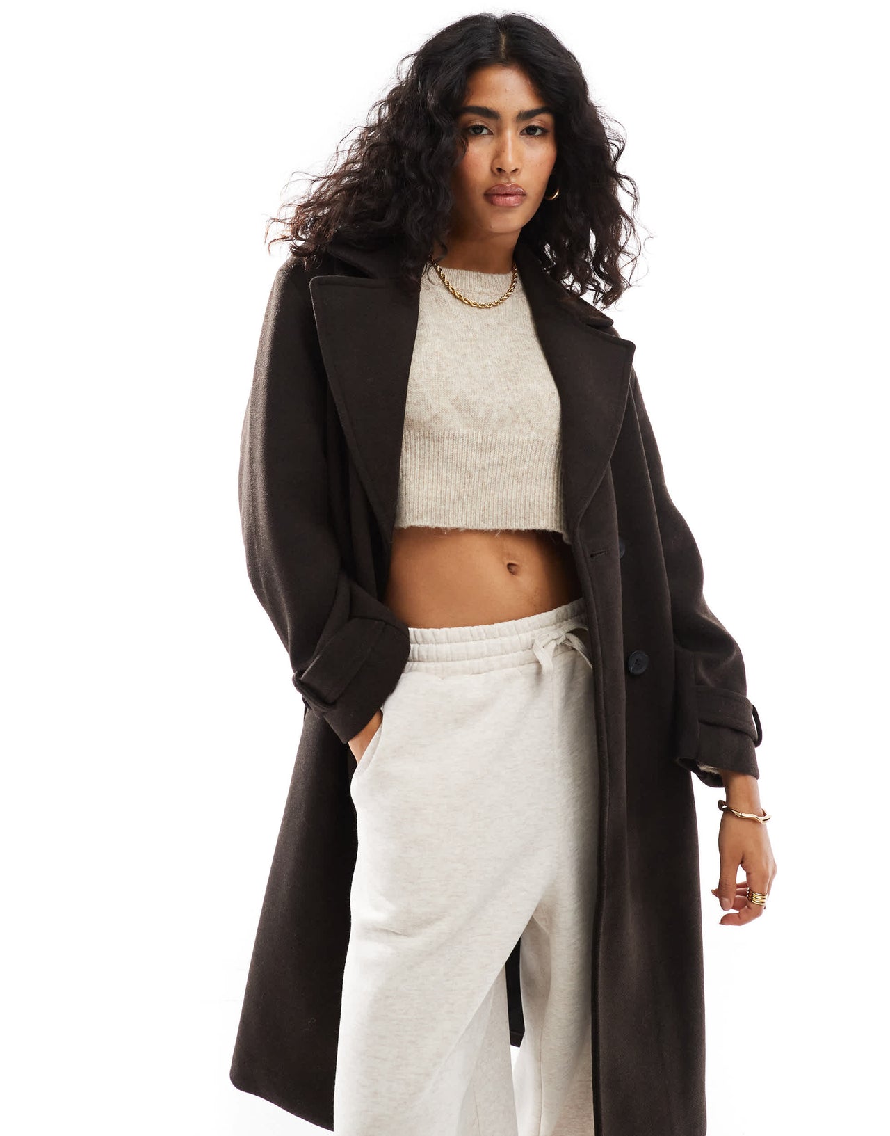 Bershka wool trench coat in brown