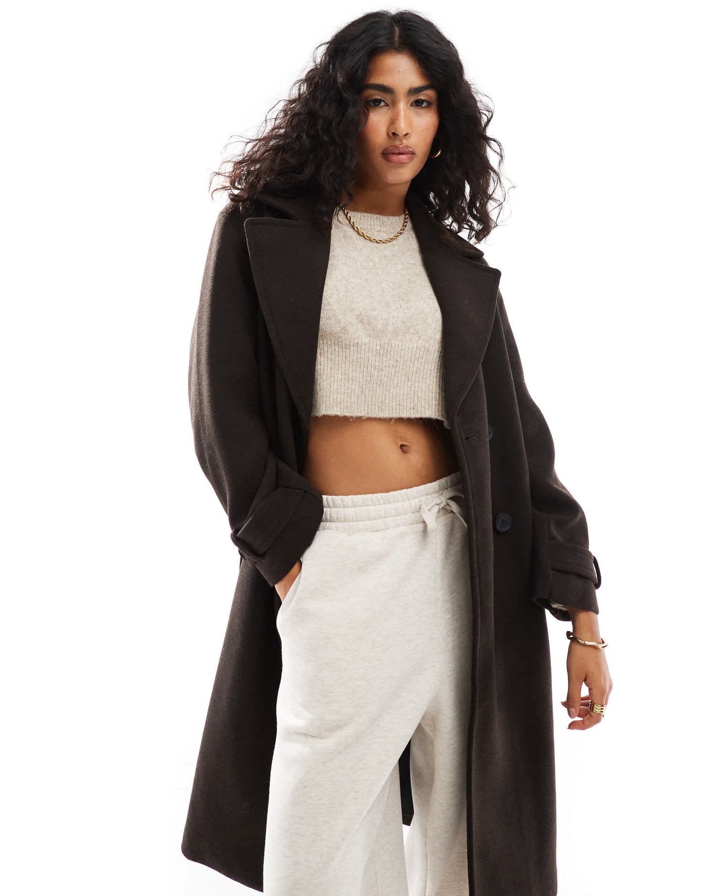 Bershka wool trench coat in brown