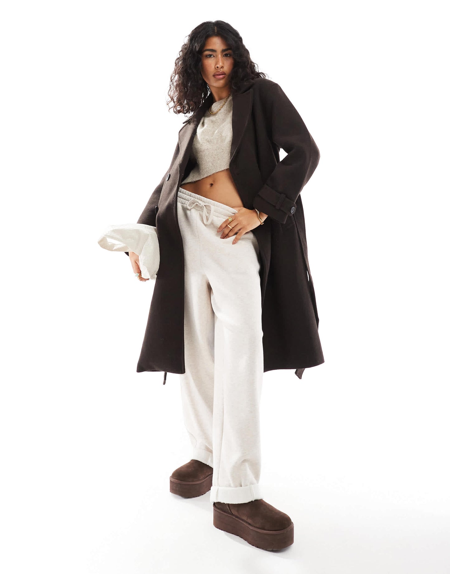 Bershka wool trench coat in brown