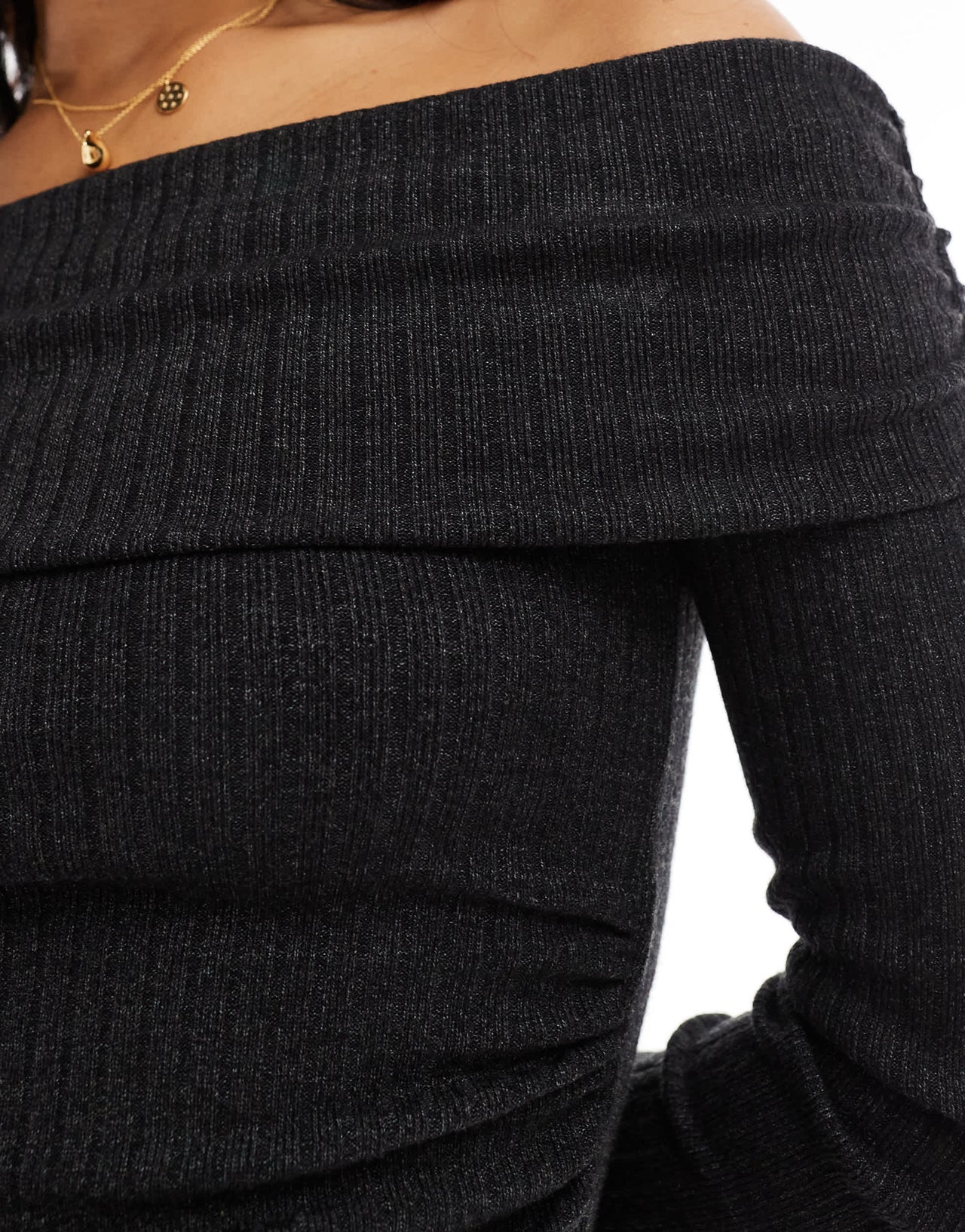 Bershka ribbed bardot top in dark grey